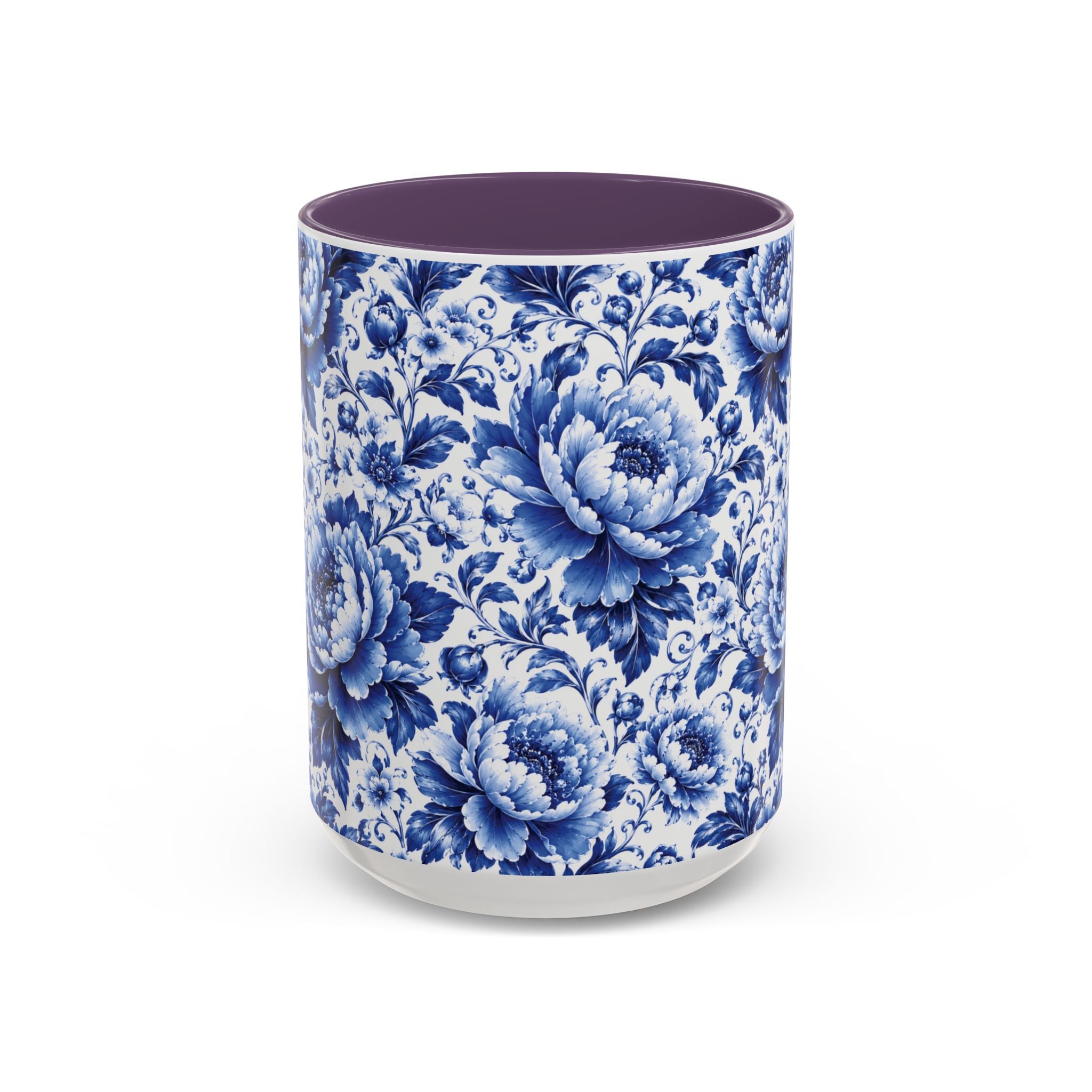 Blue Floral Ceramic Coffee Mug — Vintage Delft Peony Accent (11oz & 15oz) Blue & White Chinoiserie Tea Mug