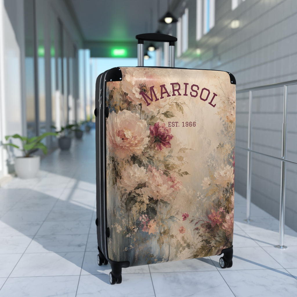 Personalized Floral Suitcase Cover — "Custom Name" Vintage Roses Travel Luggage