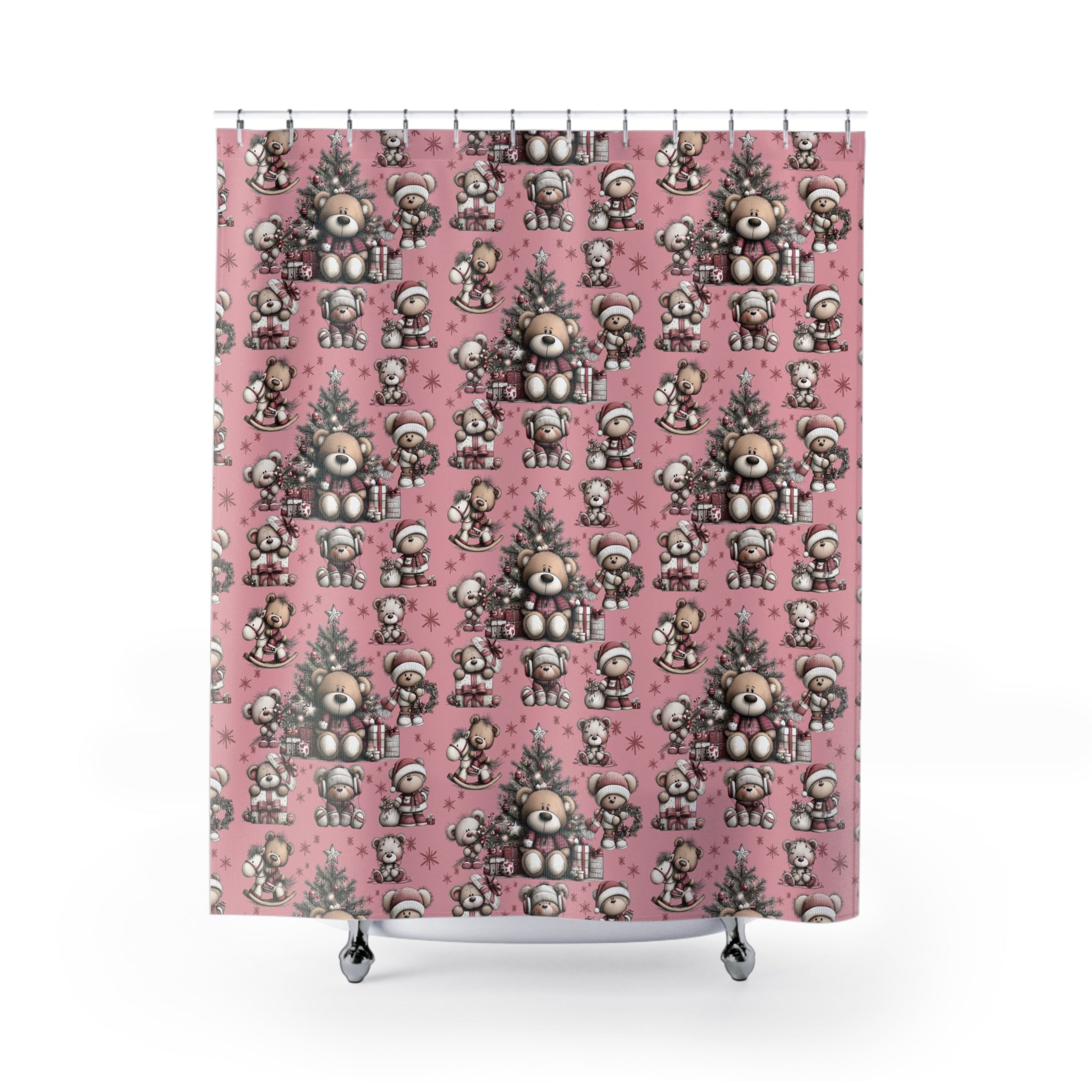 Whimsical Pink Teddy Bear Shower Curtain | Cute Holiday Bathroom Decor Gift