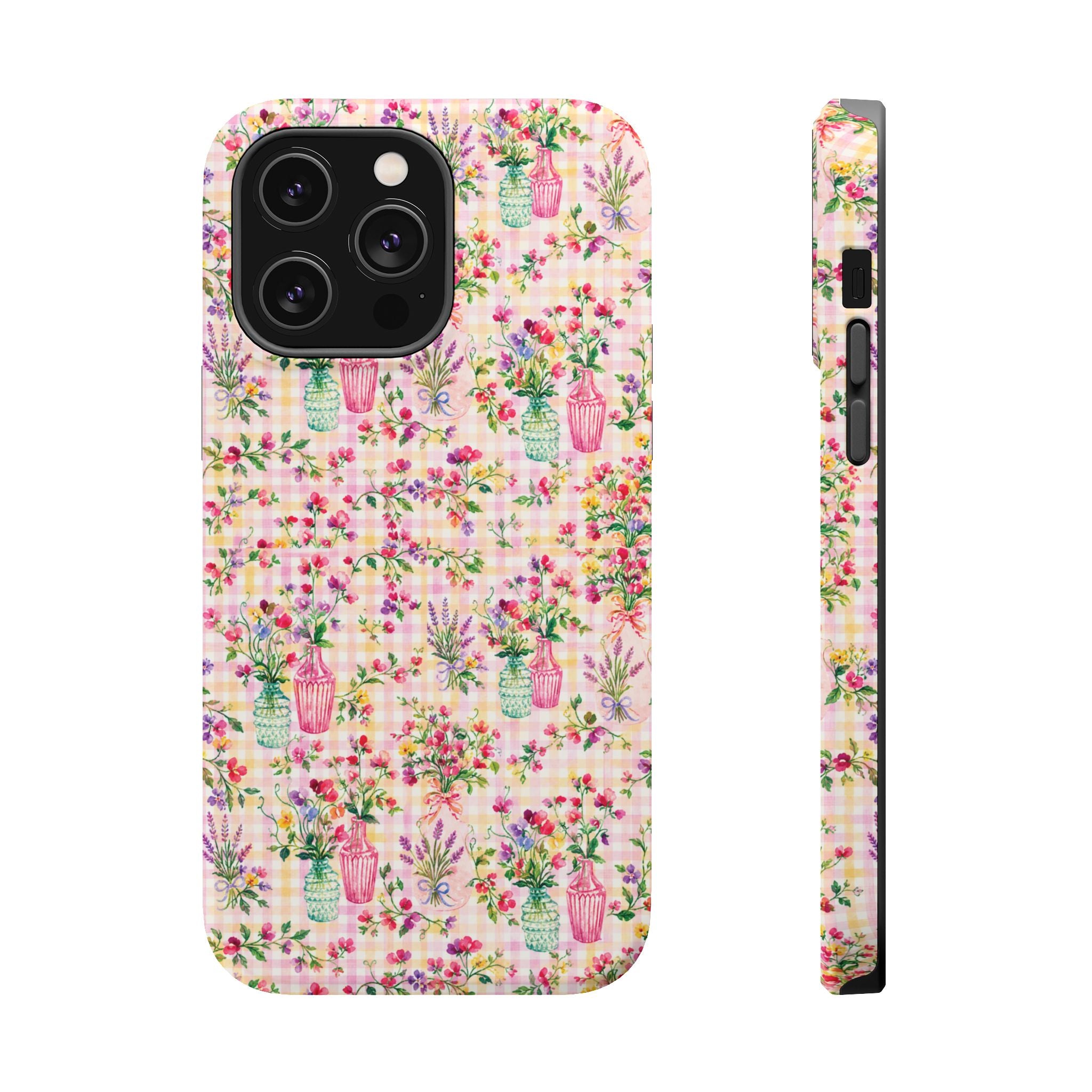 Turquoise & Pink Floral Checker Phone Case — Magnetic Impact-Resistant