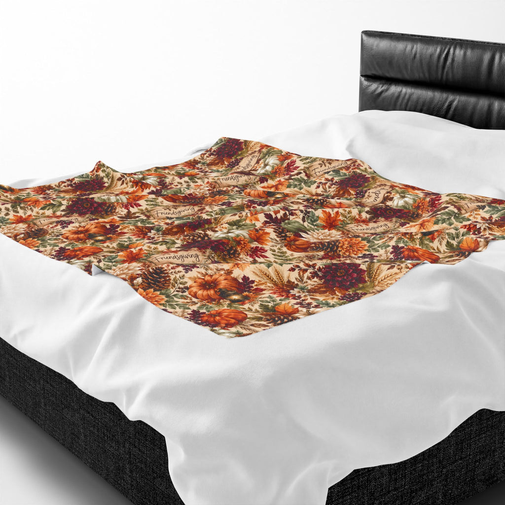 Autumn Harvest Floral Velveteen Plush Blanket | Fall Leaves Pumpkins Mum Pattern