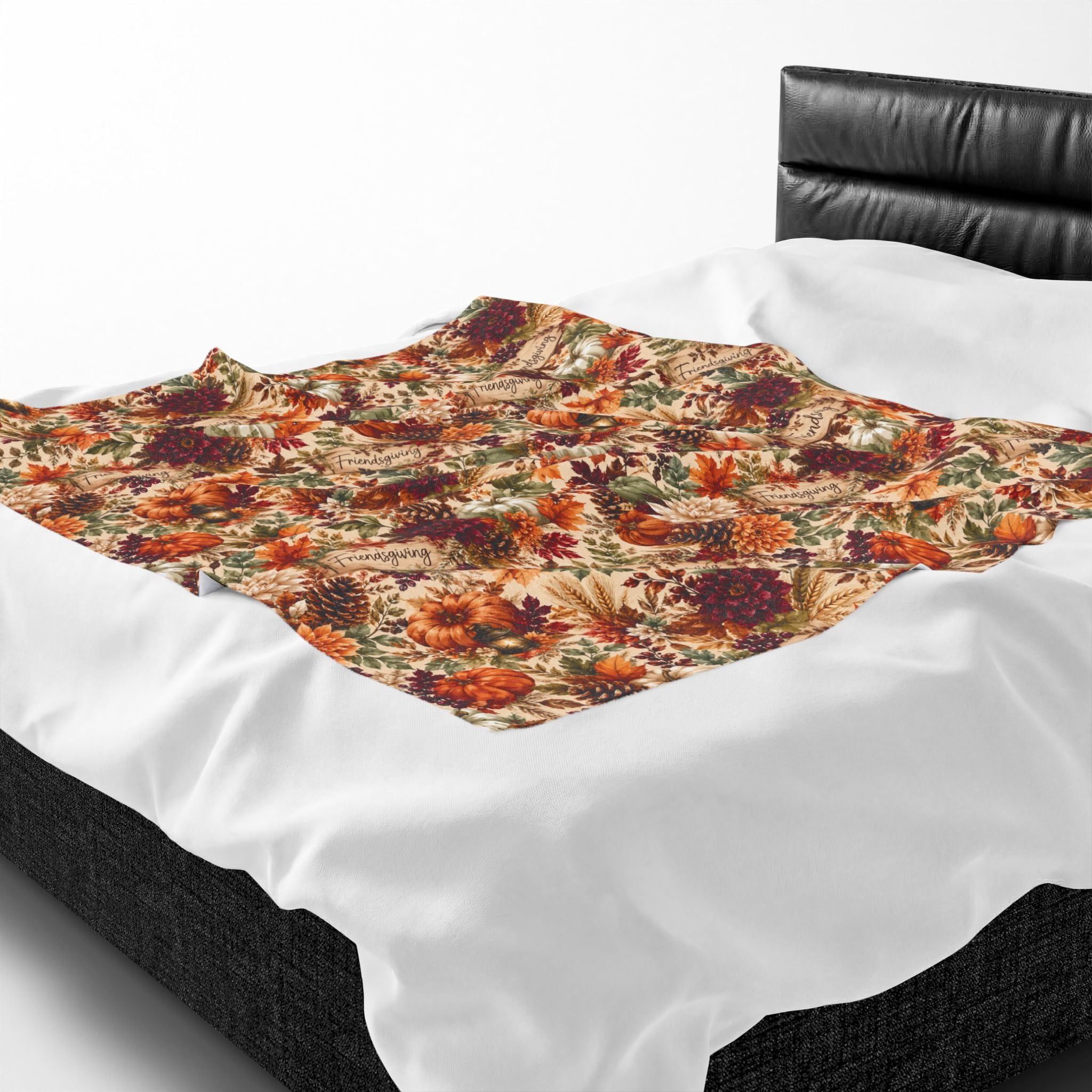 Autumn Harvest Floral Velveteen Plush Blanket | Fall Leaves Pumpkins Mum Pattern