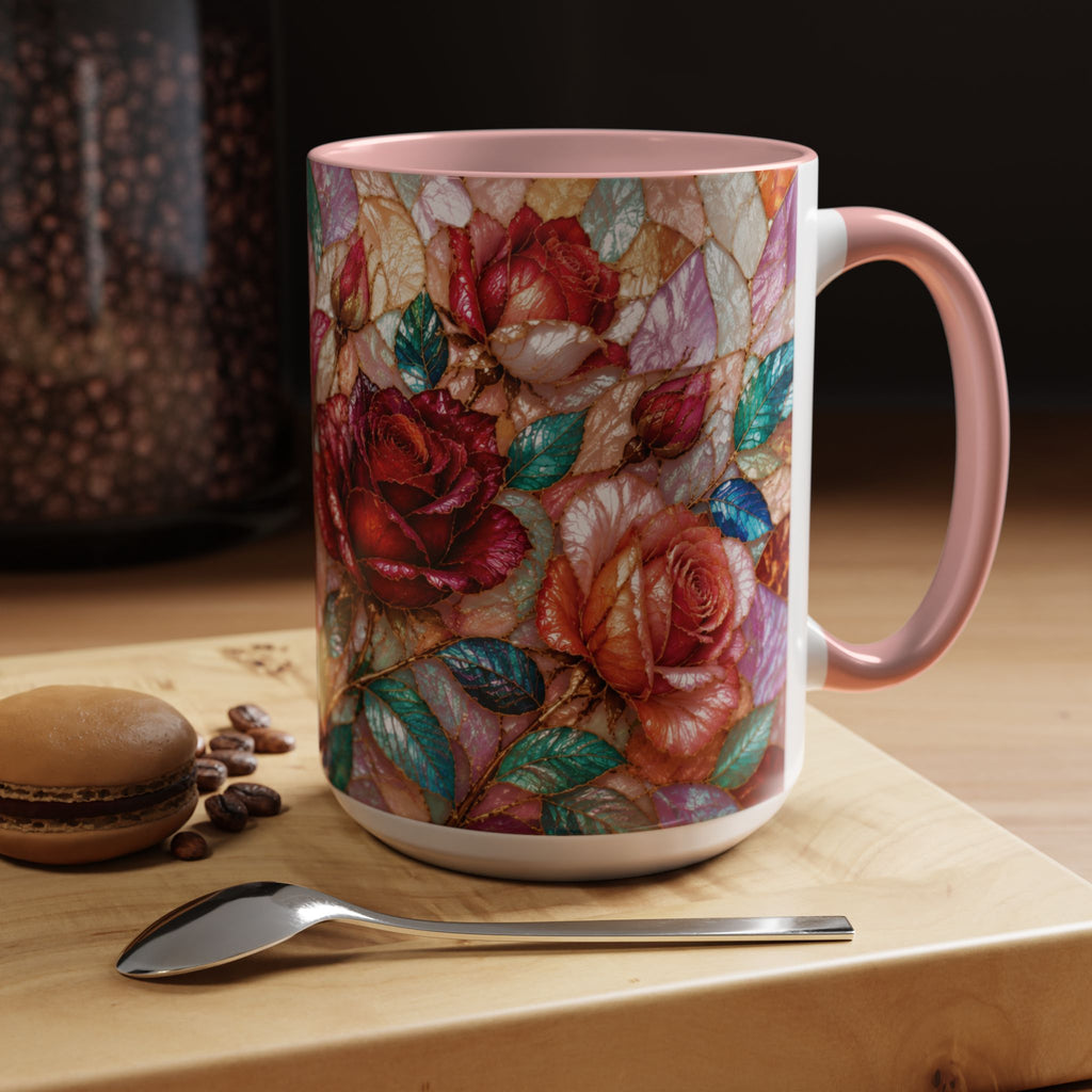 Floral Stained-Glass Accent Coffee Mug Colorful Rose Pattern (11/15 oz) Gift for Her