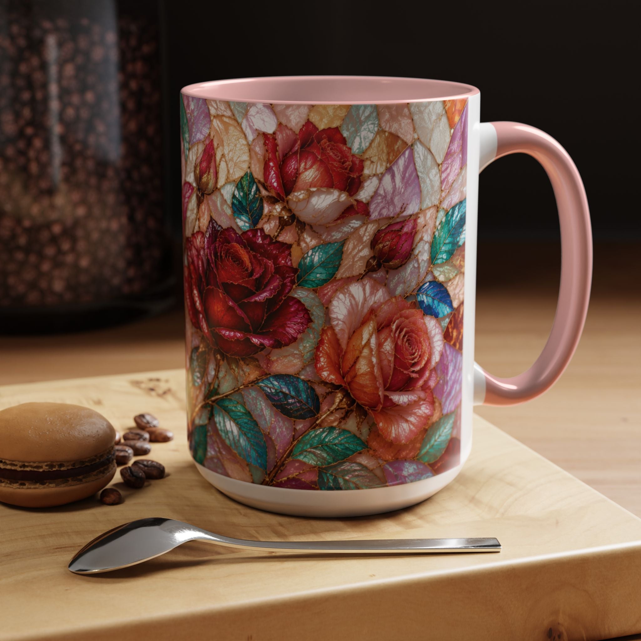 Floral Stained-Glass Accent Coffee Mug Colorful Rose Pattern (11/15 oz) Gift for Her