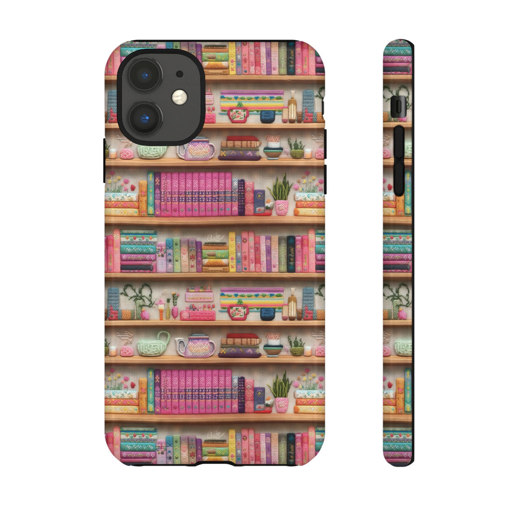 Whimsical 3D Embroidery Illusion Books on Pastel Shelves Phone Case for iPhone, Samsung & Pixel: Unique Accessory for Literary Enthusiasts Gift for Her Perfect for Floral Lover