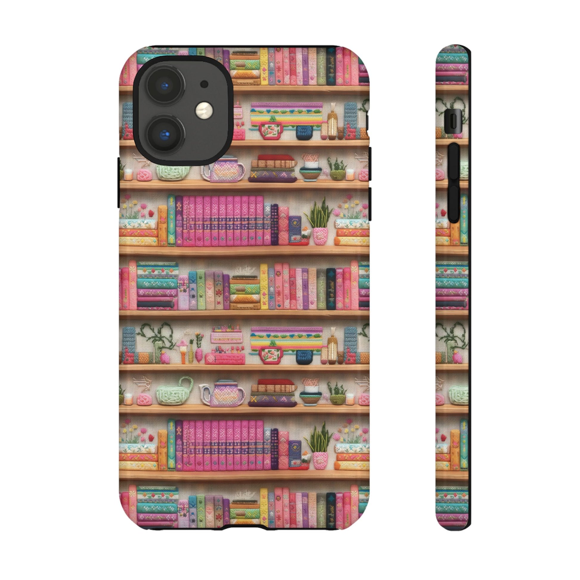 Whimsical 3D Embroidery Illusion Books on Pastel Shelves Phone Case for iPhone, Samsung & Pixel: Unique Accessory for Literary Enthusiasts Gift for Her Perfect for Floral Lover