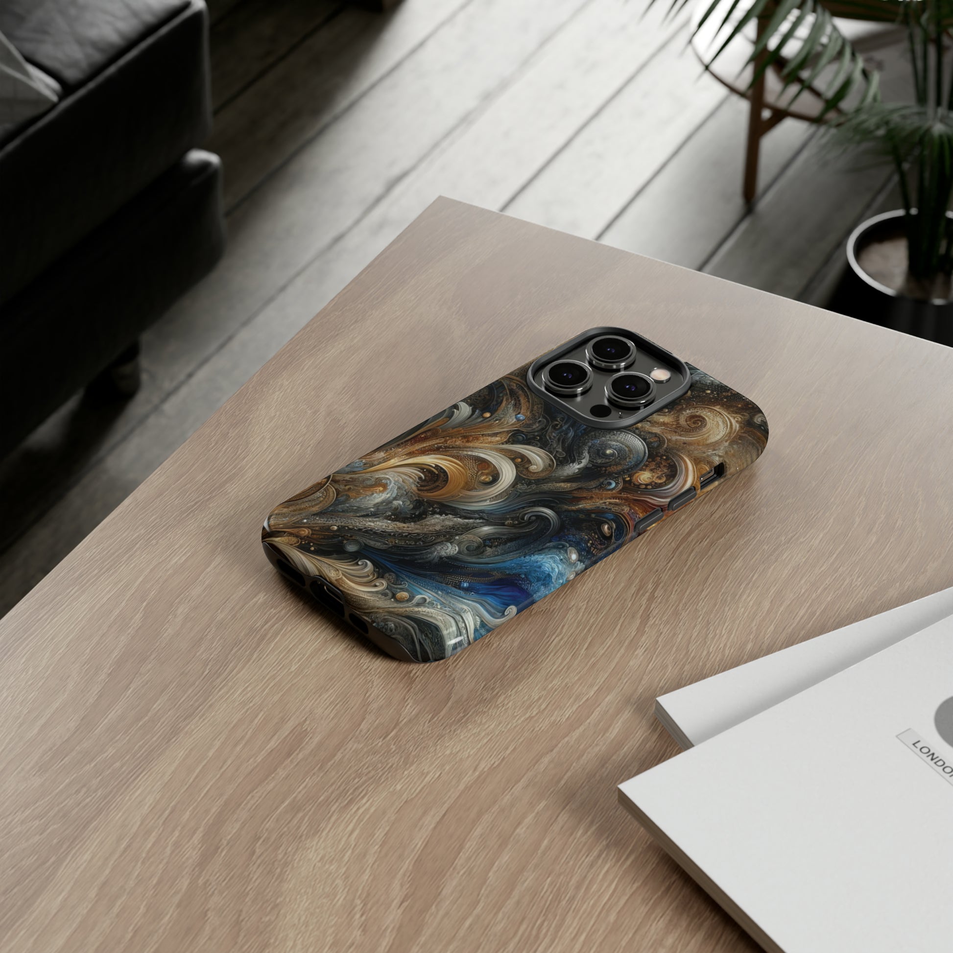 Gold and Navy Art Design Luxury Phone Tough Case Floral Elegant Durable Stylish for Modern Devices iPhone 15, Samsung iPhone Samsung Accessory Gift for Her.