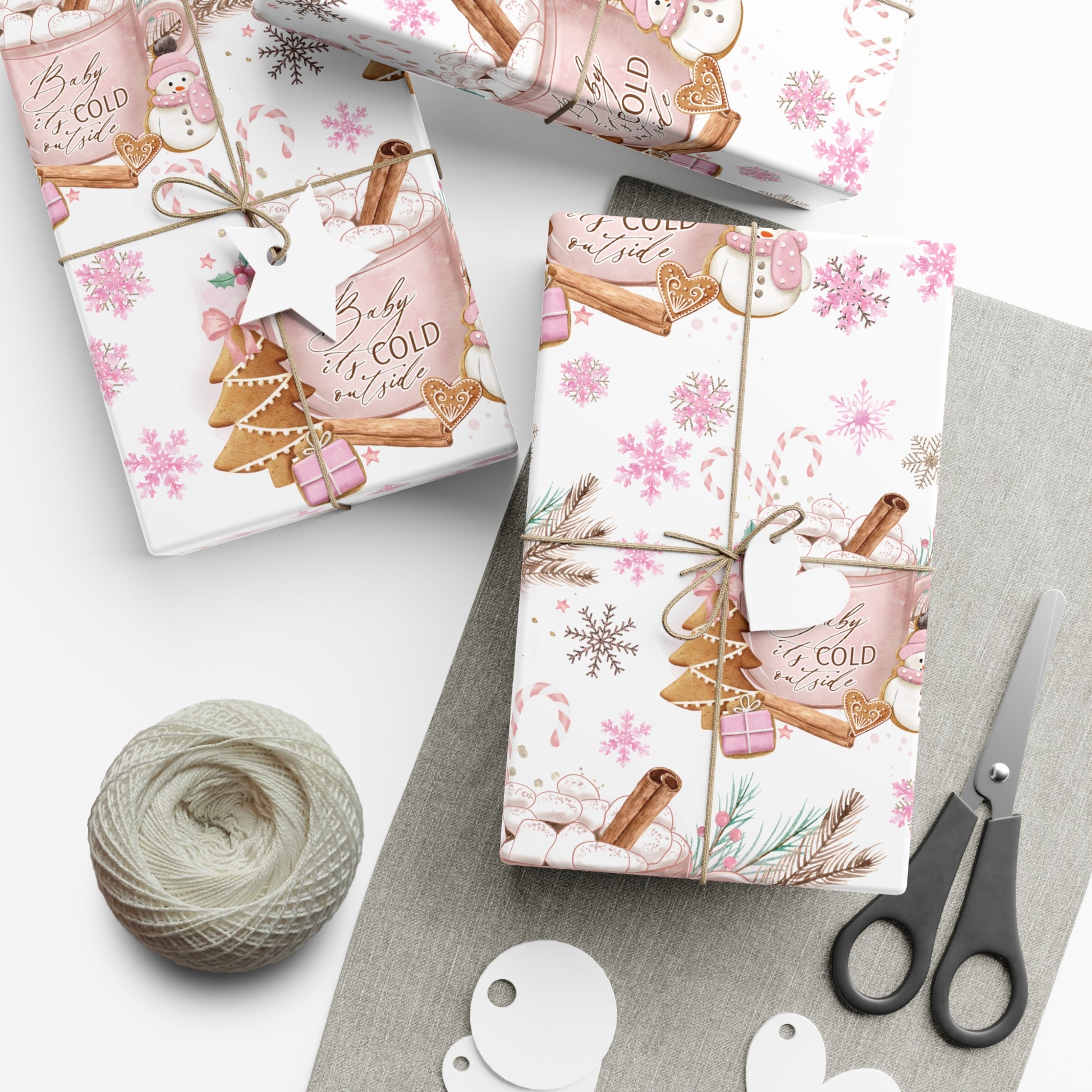 Baby it's Cold Outside Pink and White Wrapping Paper - Festive Holiday Design, Premium Quality, 100% Recyclable, Perfect for Christmas Gifts and Special Occasions - MRSBYVALLE