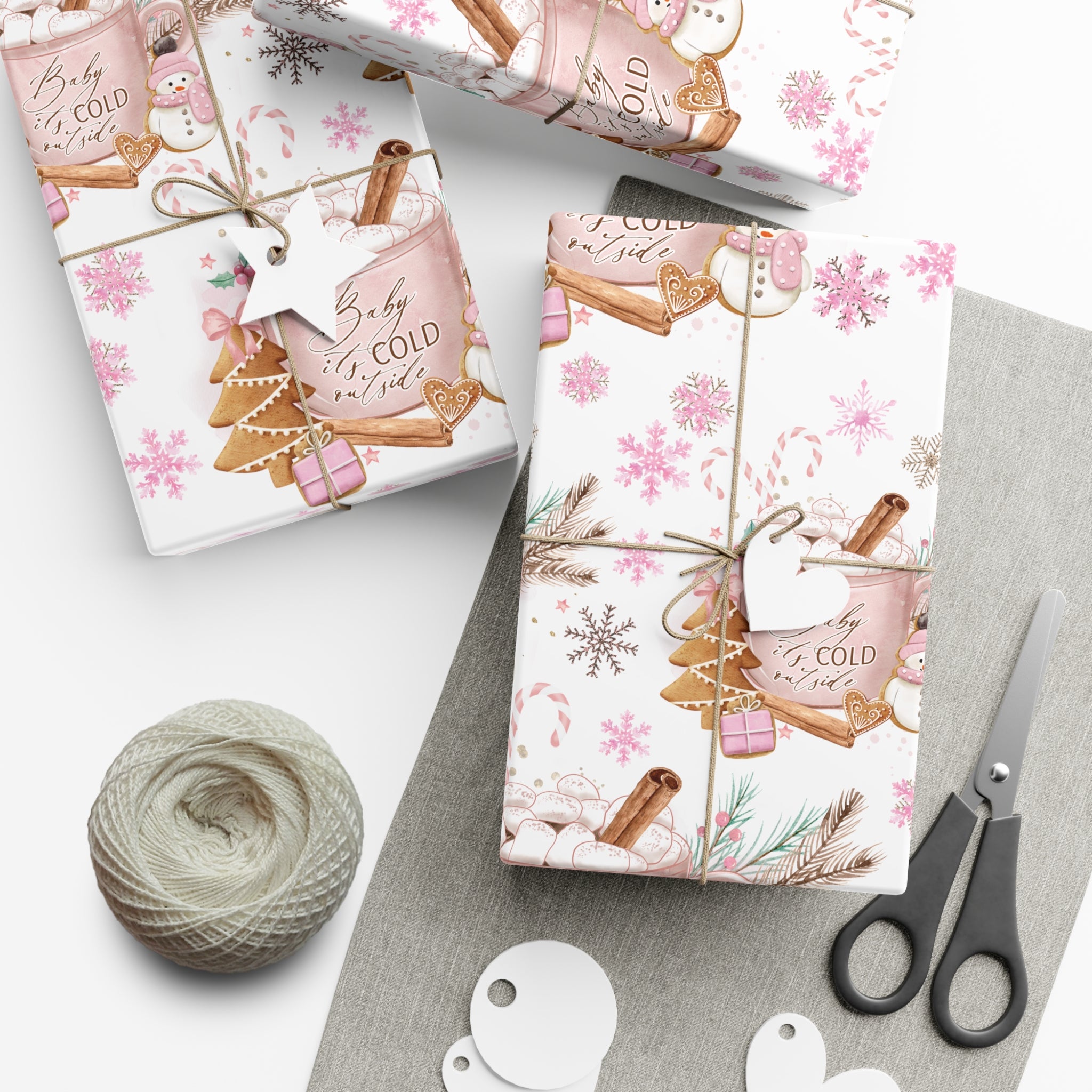 Baby it's Cold Outside Pink and White Wrapping Paper - Festive Holiday Design, Premium Quality, 100% Recyclable, Perfect for Christmas Gifts and Special Occasions - MRSBYVALLE