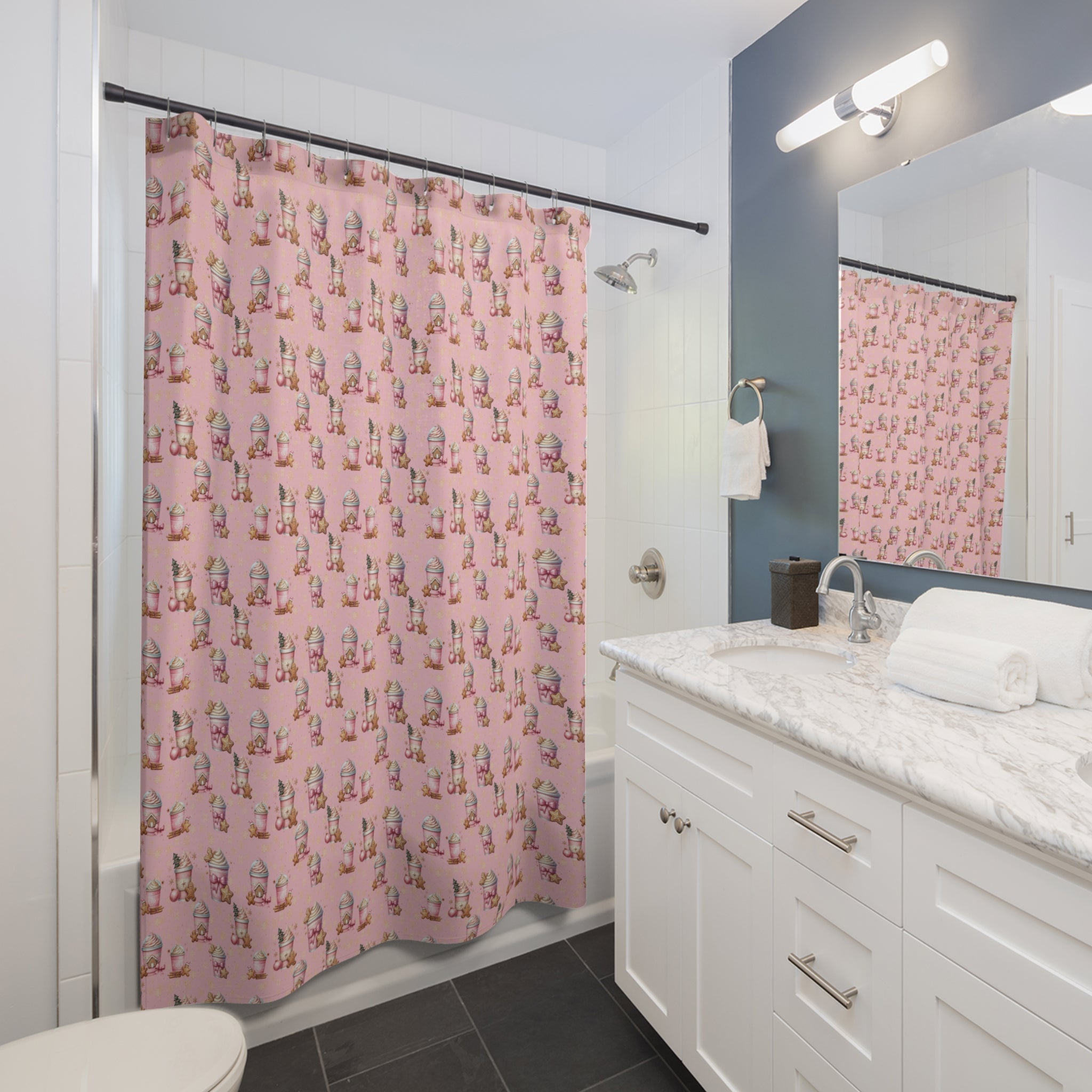 Christmas Pink Gingerbread People with Coffee Shower Curtain Festive Holiday Bathroom Decor, Vibrant Colors, Perfect for Adding Seasonal Cheer and Whimsy to Your Bathroom - MRSBYVALLE