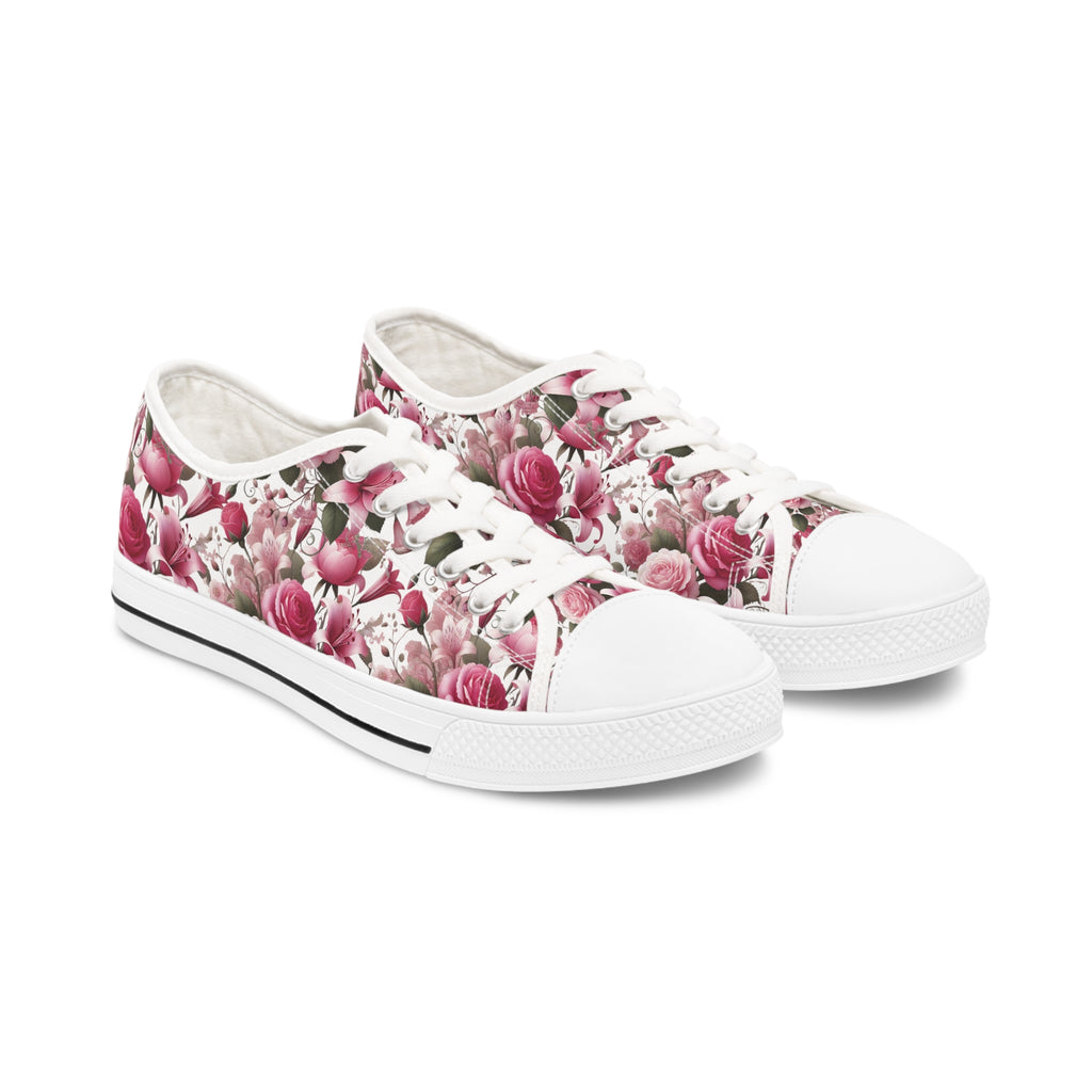 Floral Pink Women's Low Top Sneakers Breathable Polyester Canvas, Lightweight Stylish Floral Pastel Design, Comfortable All-Day Wear, Perfect for Walking and Everyday Activities - MRSBYVALLE