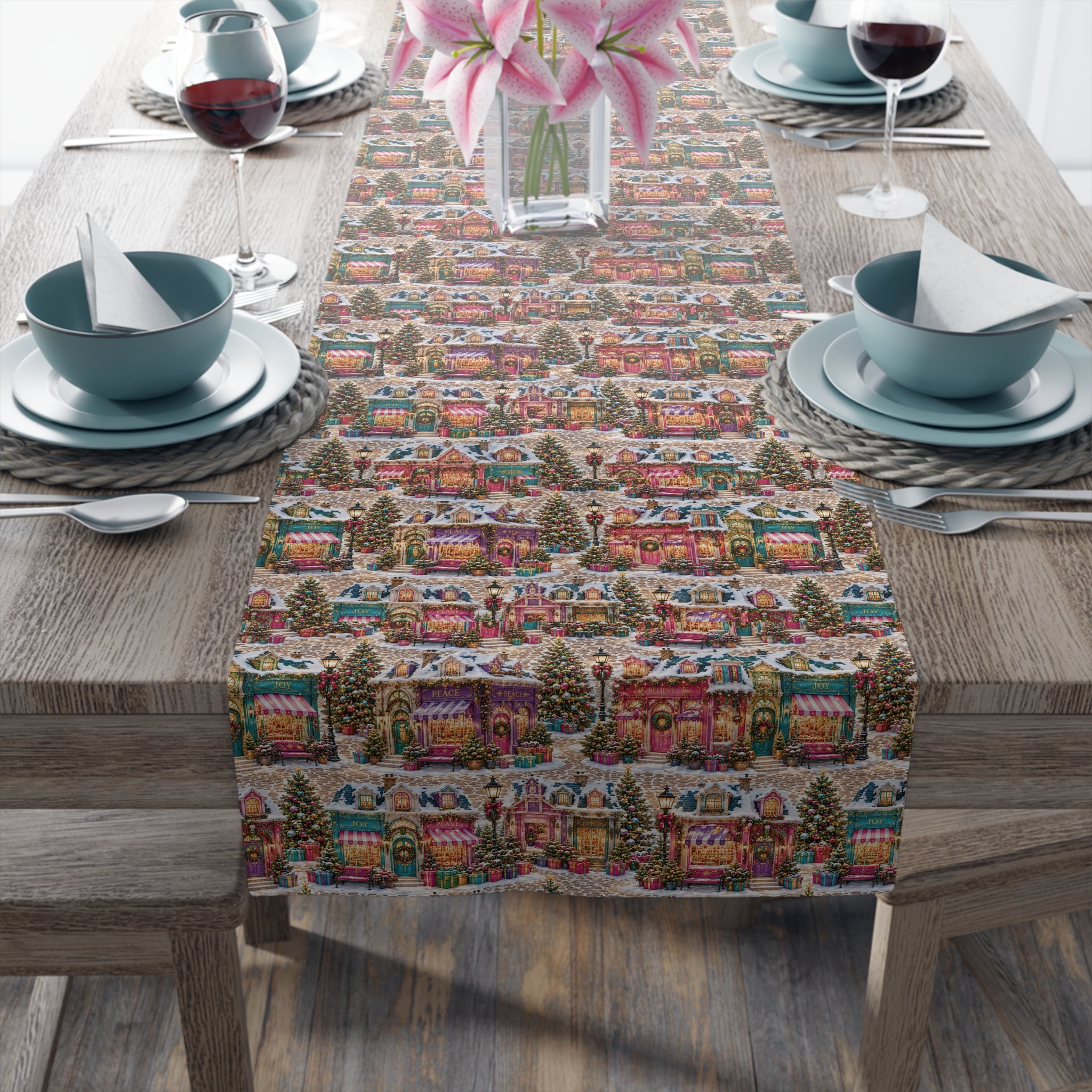 Vintage Christmas Village Table Runner Holiday Perfect Runner Village Scene Cottage