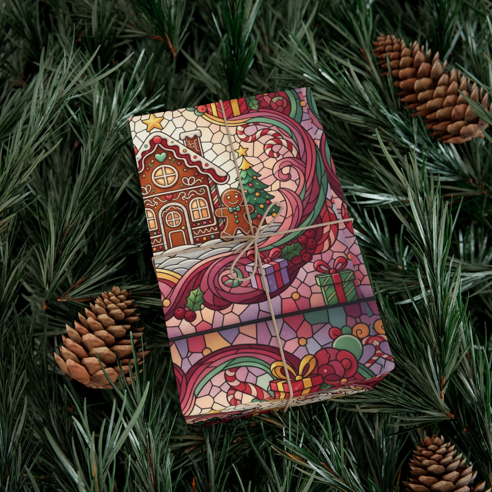 Stained Glass Gift Wrap Papers, Gingerbread House and Family Design - Wrapping Sheets, Festive Holiday Craft Supplies, Christmas Decoration