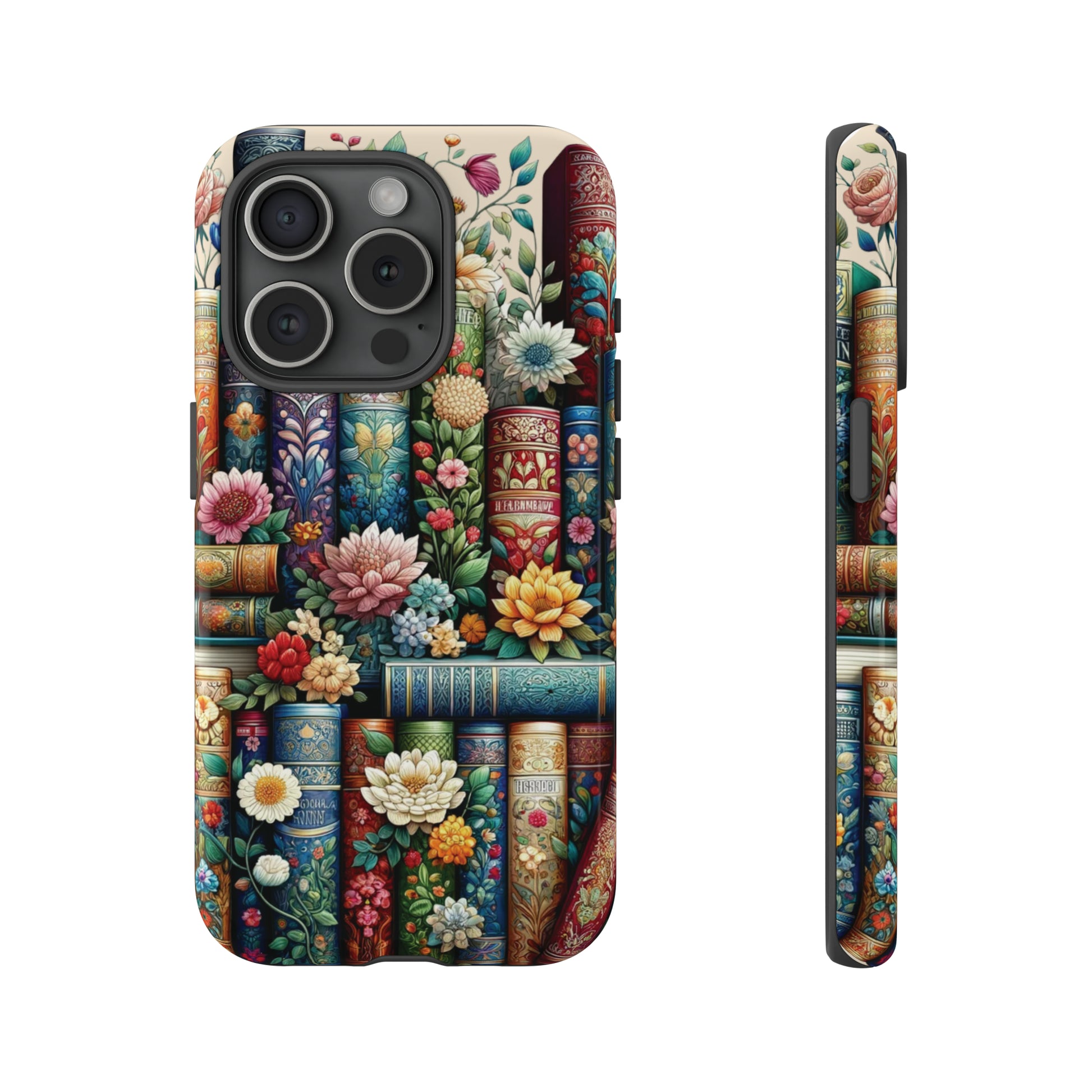 Books and Floral Boho Luxury Phone Tough Case Floral Elegant Durable Stylish for Modern Devices iPhone 15, Samsung iPhone Samsung Accessory Gift for Her.