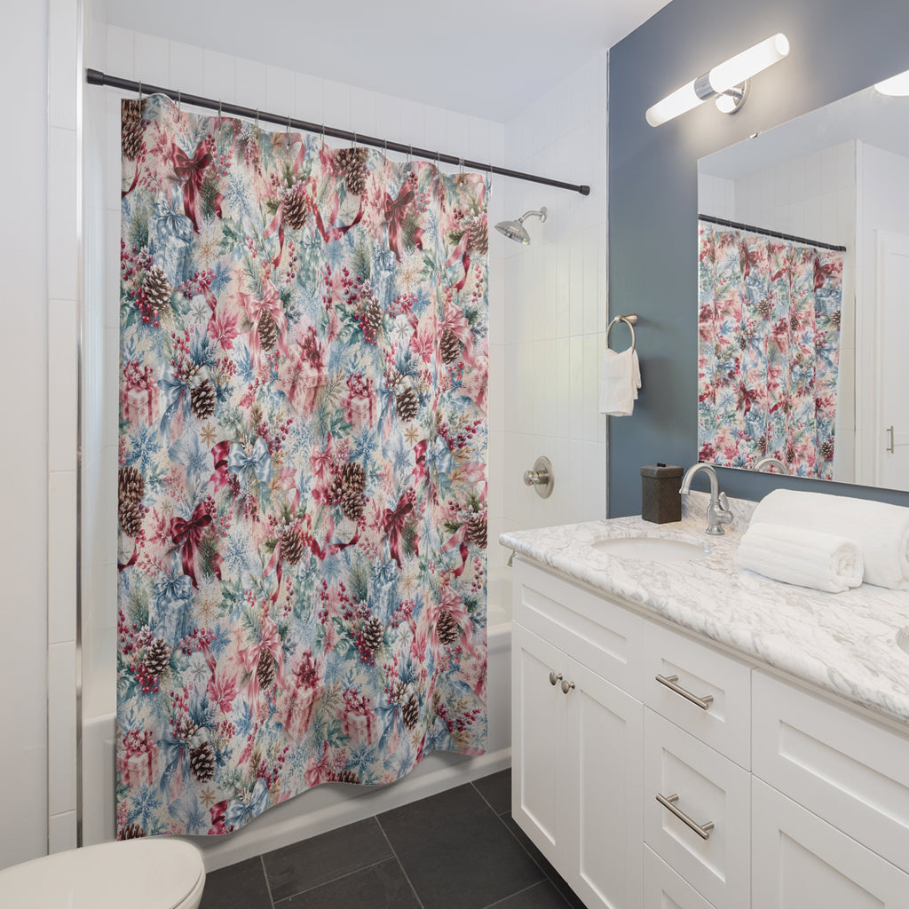 Winter Pinecone Pattern Shower Curtain | Holiday Snowflake Bathroom Decor Icy blues and Pinks