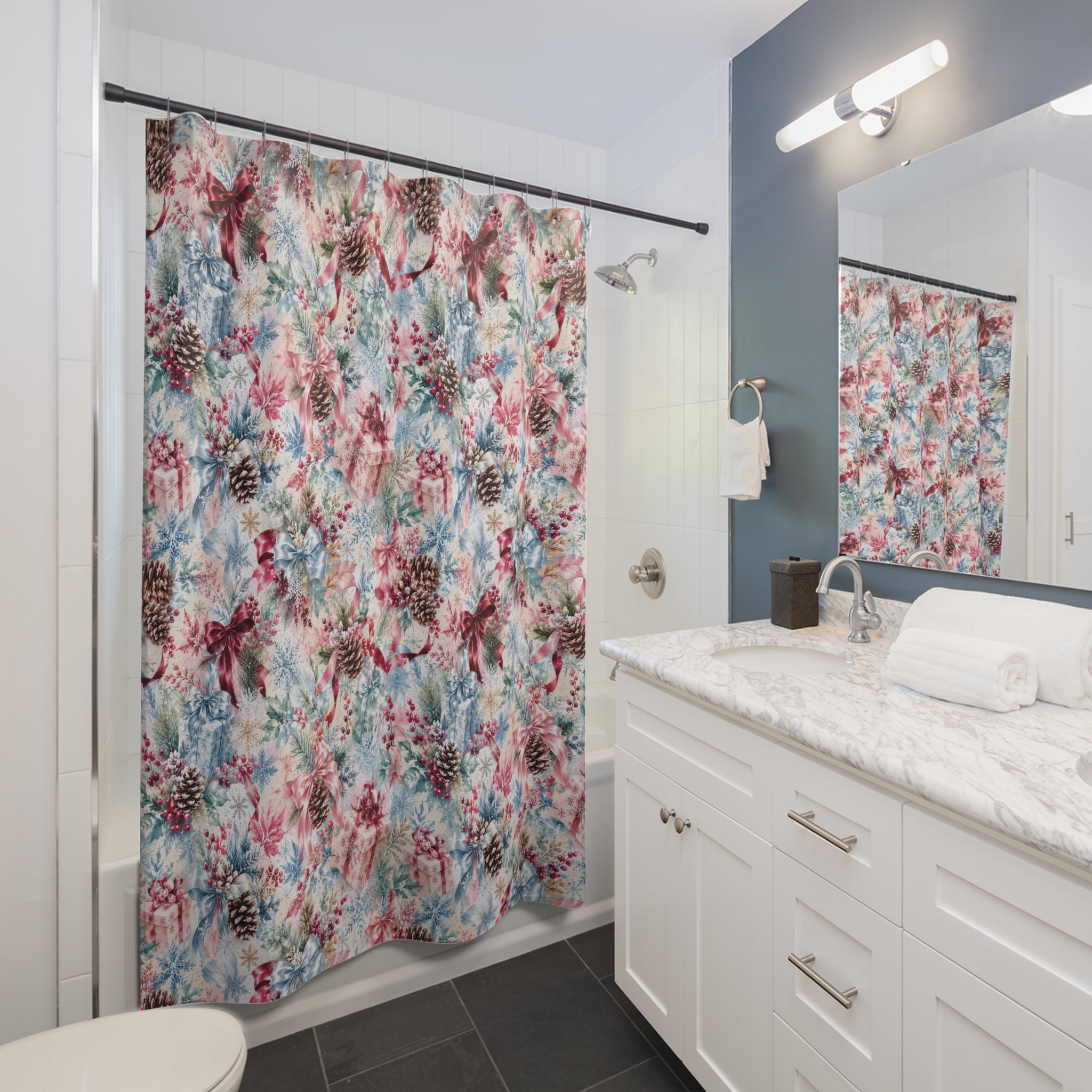 Winter Pinecone Pattern Shower Curtain | Holiday Snowflake Bathroom Decor Icy blues and Pinks