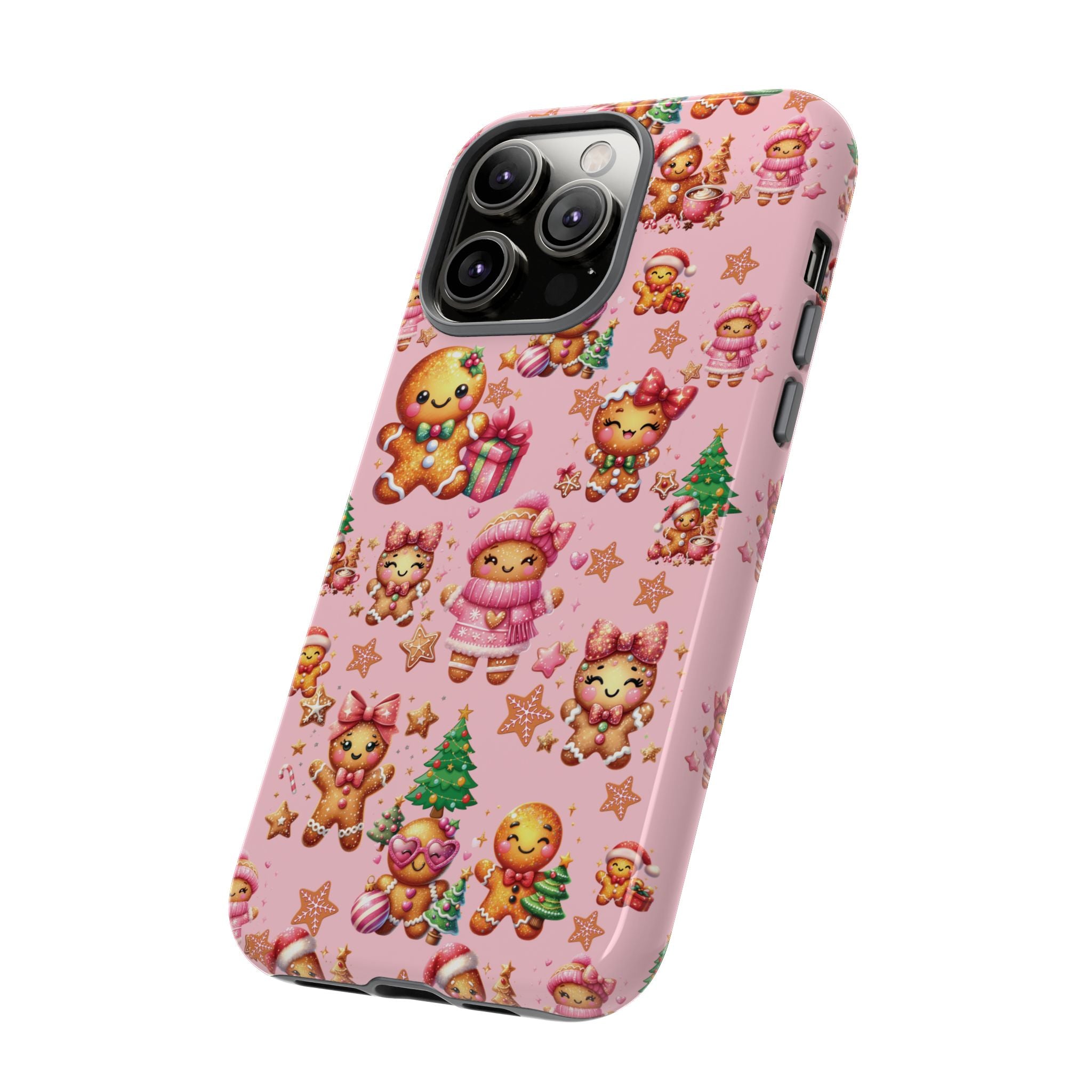 Coque de téléphone en forme de petite fille pain d'épices rose adorable, ambiance girly pour les fêtes, esthétique douce de Noël, idée cadeau mignonne et festive pour elle, housse de protection amusante