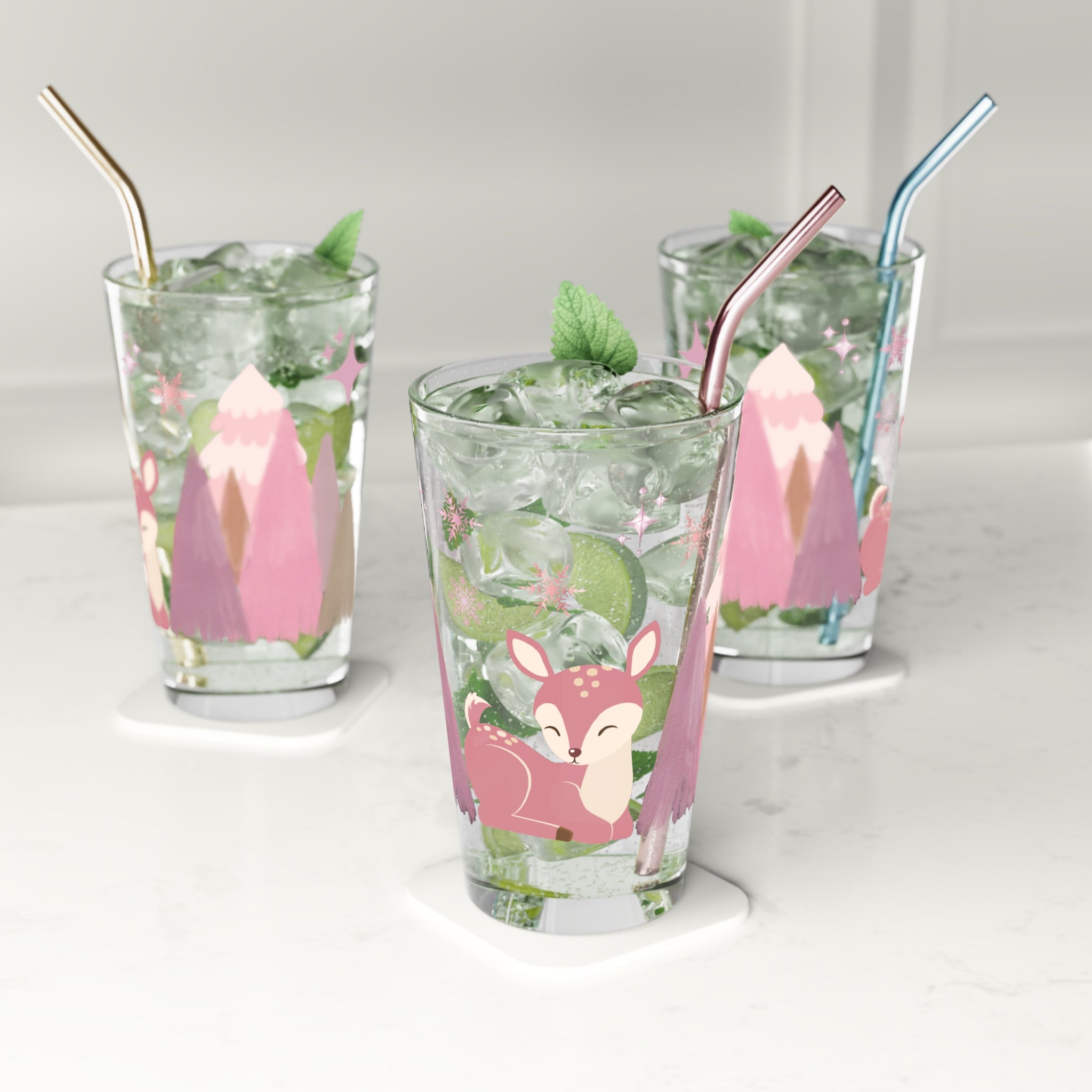 16oz Winter Deer Pint Glass, Pink & Lavender Christmas Cup, Whimsical Holiday Drinkware, Feminine Winter Bar Glass, Cute Xmas Gift, Cozy Vibes