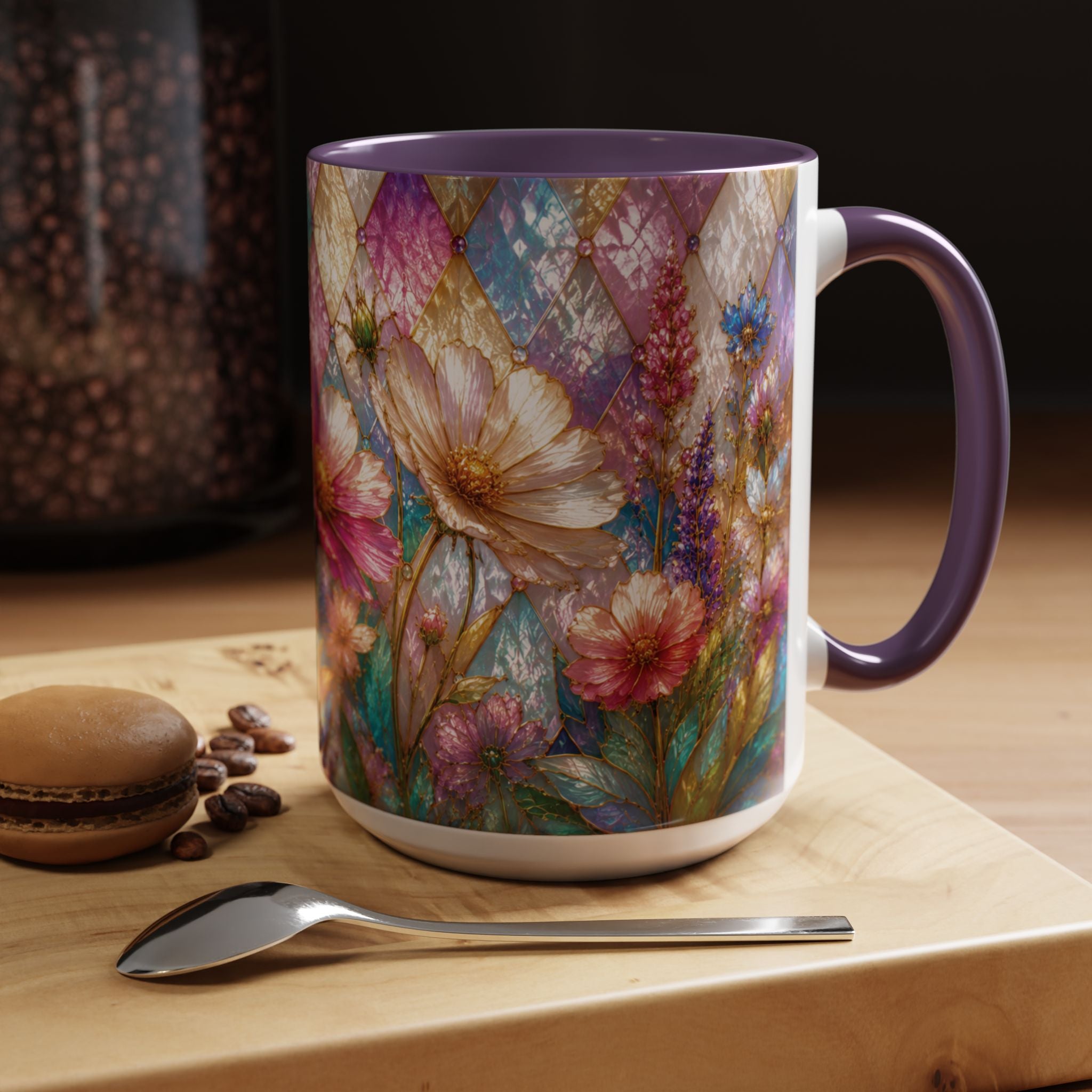 Floral Mosaic Accent Coffee Mug — Colorful Garden Flowers 11/15oz Stain Glass Illusion