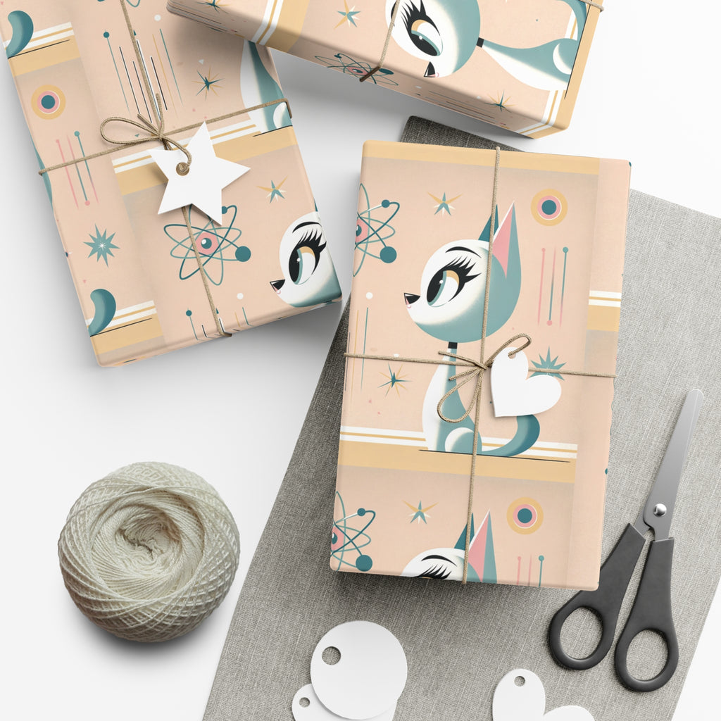 Atomic Pastel Cat 3D Illusion Wrapping Paper Cat Lover Gift Wrap it's Perfect for Weddings, Bridal & Baby Showers Eco-Friendly, Vibrant Design in Matte/Satin, All Occasion.