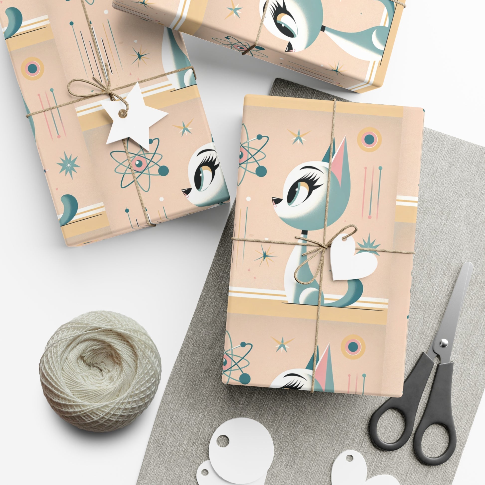 Atomic Pastel Cat 3D Illusion Wrapping Paper Cat Lover Gift Wrap it's Perfect for Weddings, Bridal & Baby Showers Eco-Friendly, Vibrant Design in Matte/Satin, All Occasion.