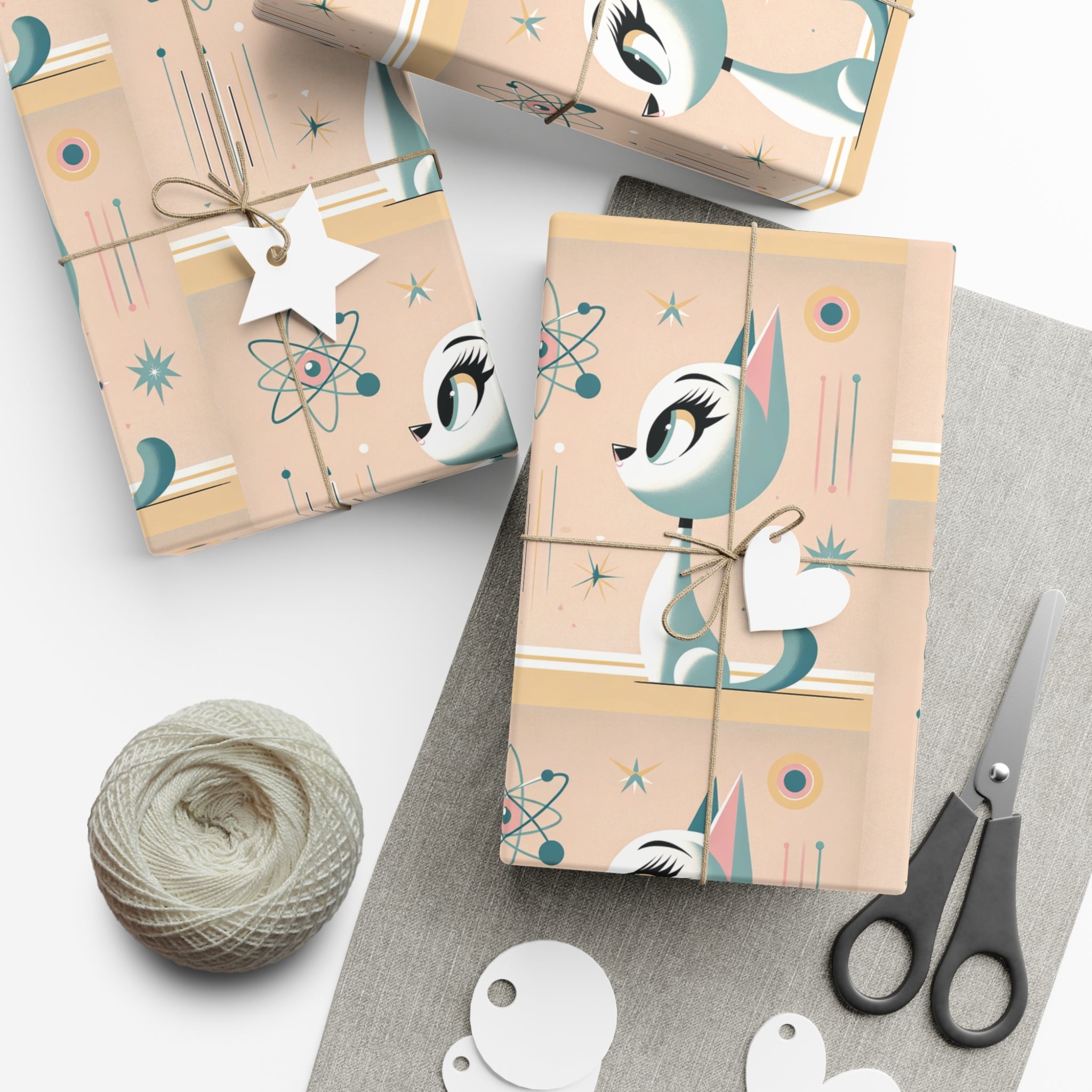 Atomic Pastel Cat 3D Illusion Wrapping Paper Cat Lover Gift Wrap it's Perfect for Weddings, Bridal & Baby Showers Eco-Friendly, Vibrant Design in Matte/Satin, All Occasion.