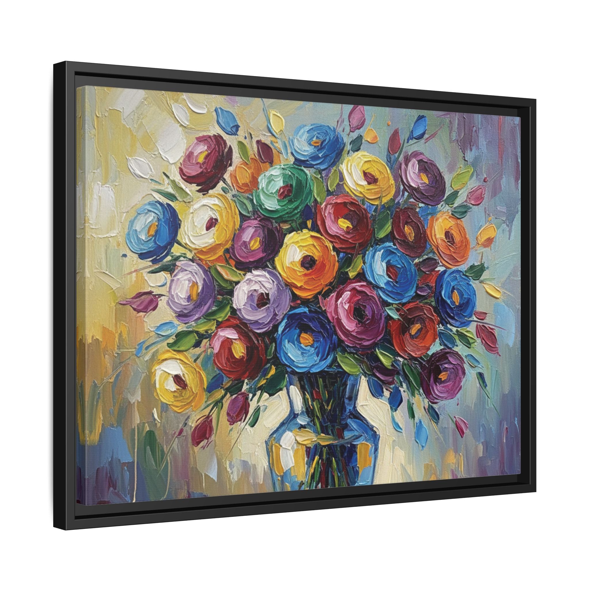 Impression sur toile bouquet floral aquarelle - Tableau mural encadré mat - Illusion de peinture à l'huile vibrante