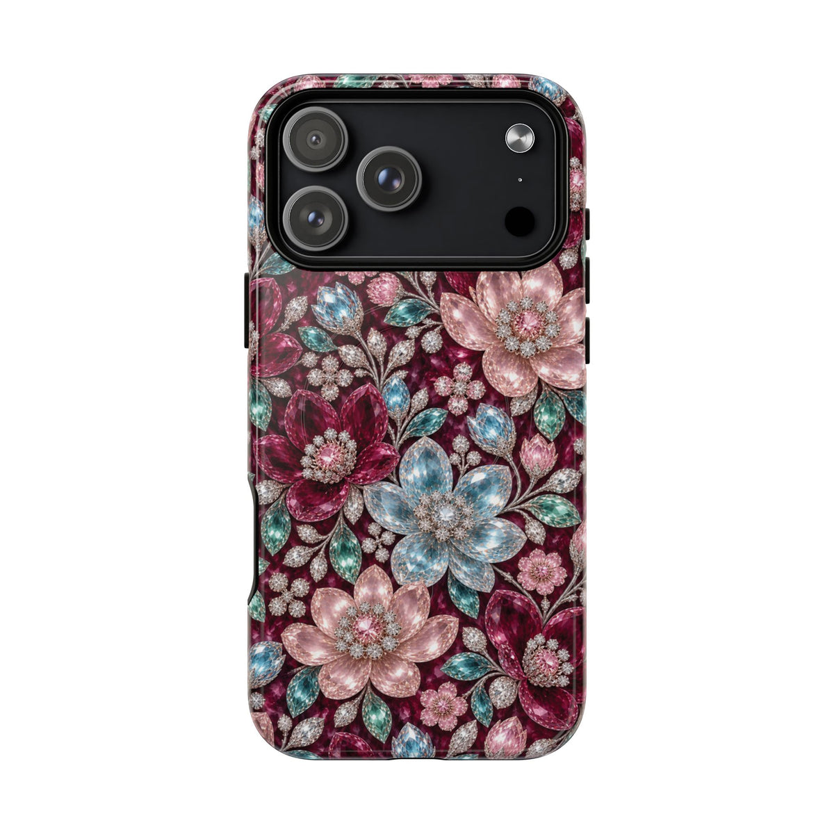 Floral faux Jewel Phone Case Sparkling Burgundy Flower Tough Magnetic Case 18 iPhone