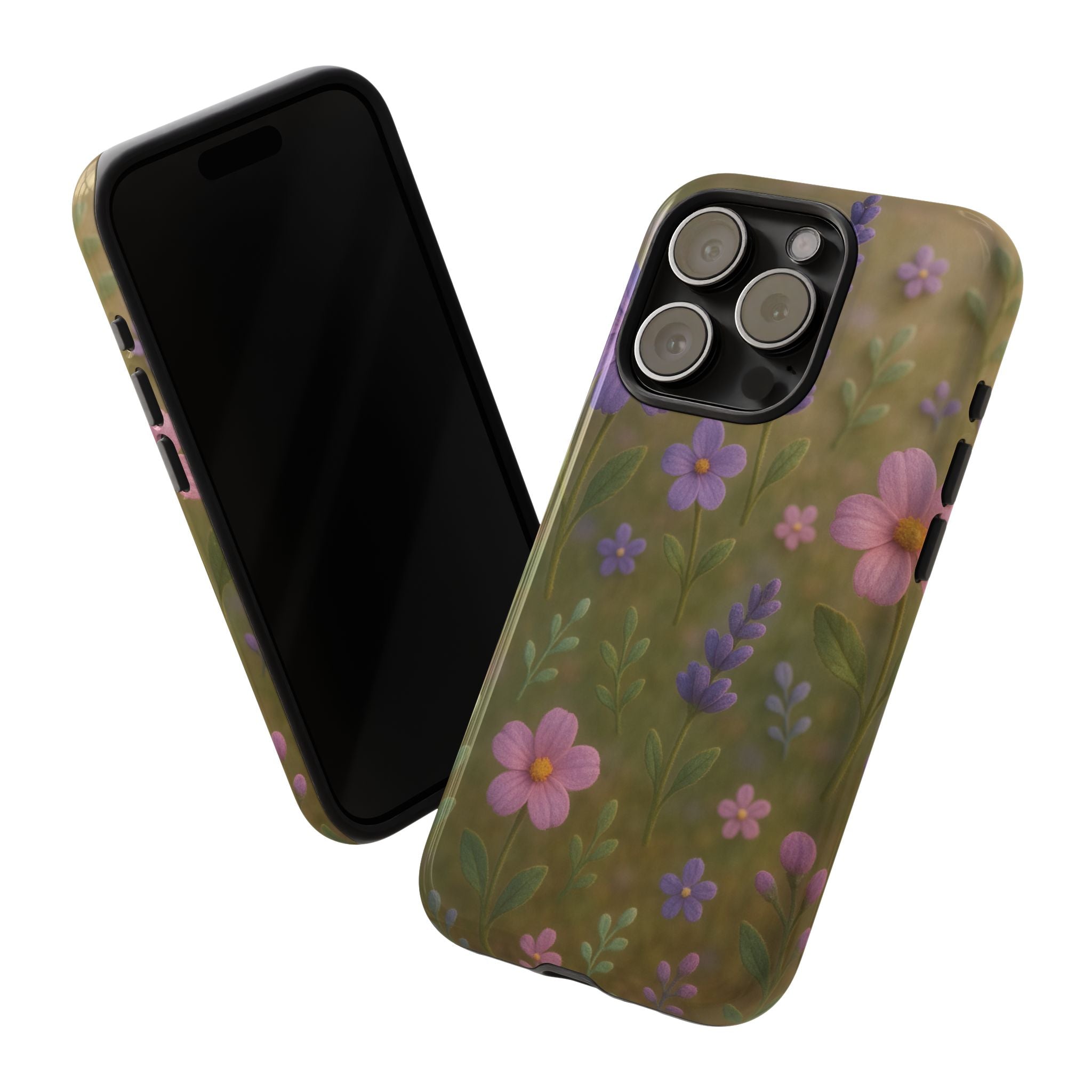 Pastel Flowers 3D Illusion Wildflower Phone Case Cute Pastel Floral Design in Lavender, Pink, Mint Green Aesthetic Protective Case for iPhone and  Android