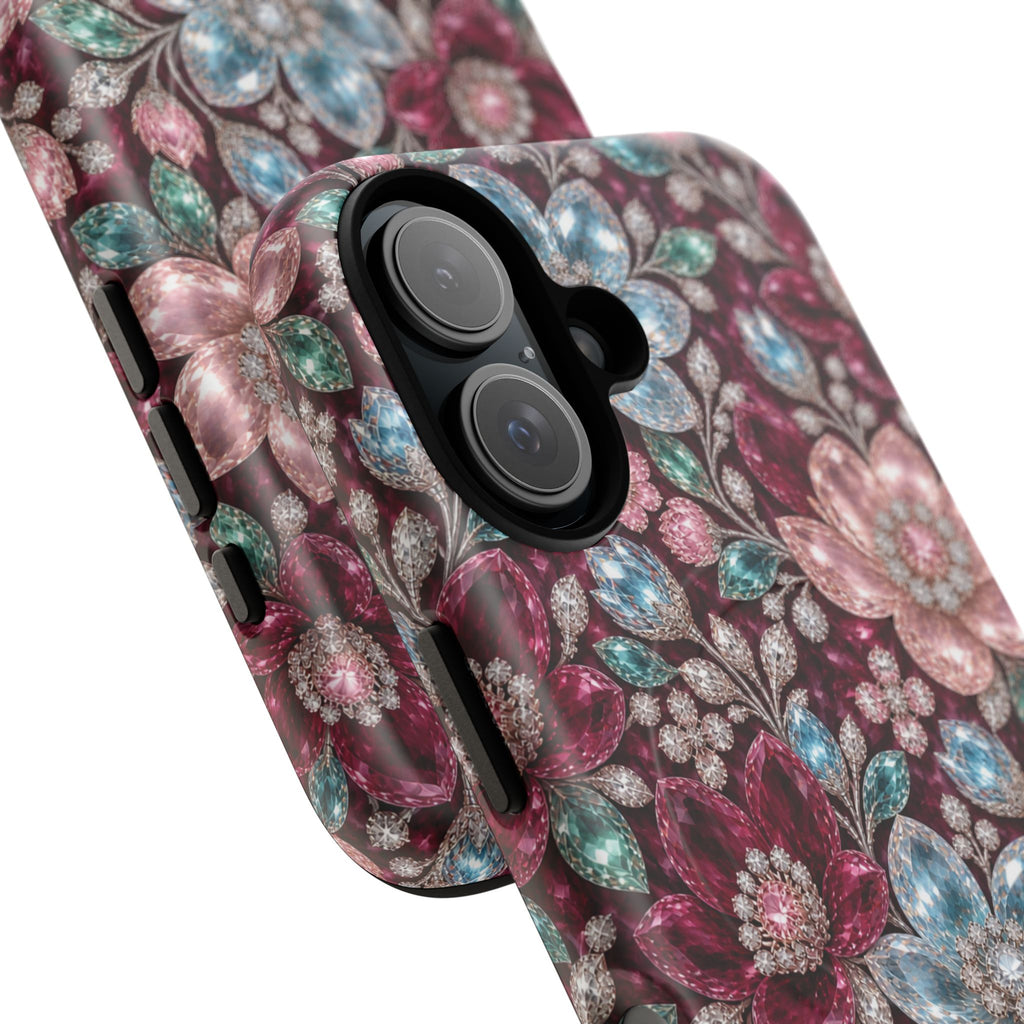 Floral faux Jewel Phone Case Sparkling Burgundy Flower Tough Magnetic Case 18 iPhone