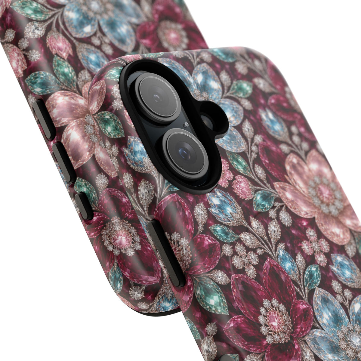 Floral faux Jewel Phone Case Sparkling Burgundy Flower Tough Magnetic Case 18 iPhone