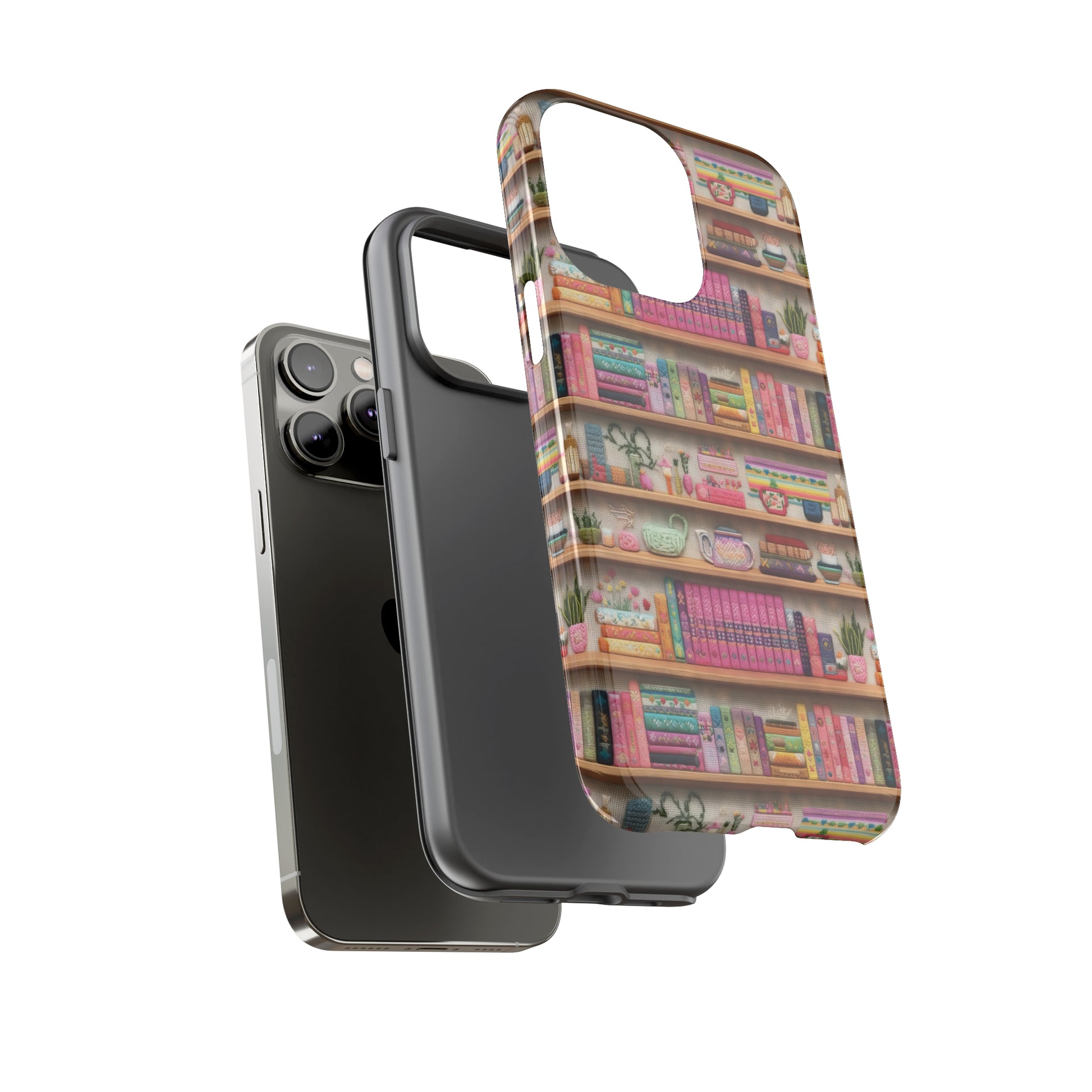 Phone Case 3D Illusion Books & Shelf Embroidery Design with Vibrant Colors Gift for Her Phone 15, Samsung iPhone Samsung Gift for Her Case iPhone 15, Samsung iPhone Samsung Accessory Gift for Her.