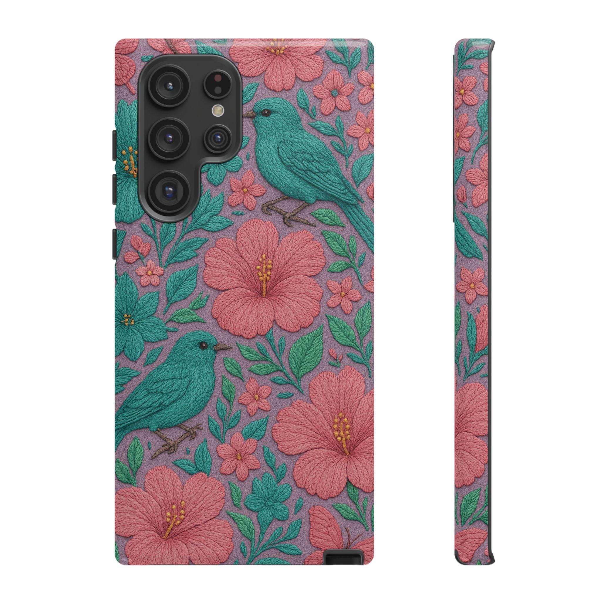 Turquoise, Pink and Lavender 3D Embroidery Illusion Phone Case Tropical Flowers, Birds & Butterflies Cover with Bold, Realistic Floral Texture iPhone, Samsung