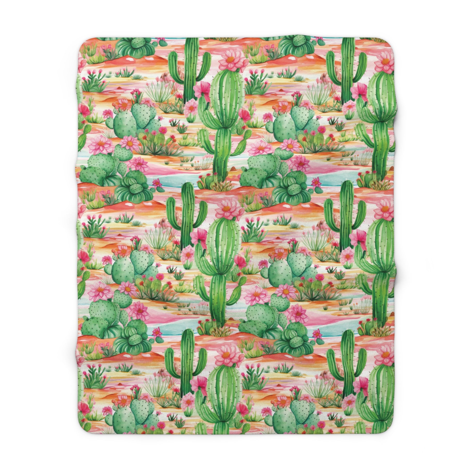 Pink and Mint Green Cactus Flowers Fleece Blanket - Soft, Cozy, Nature-Inspired Throw | Stylish Home Décor or Gift for Comfort and Warmth - MRSBYVALLE