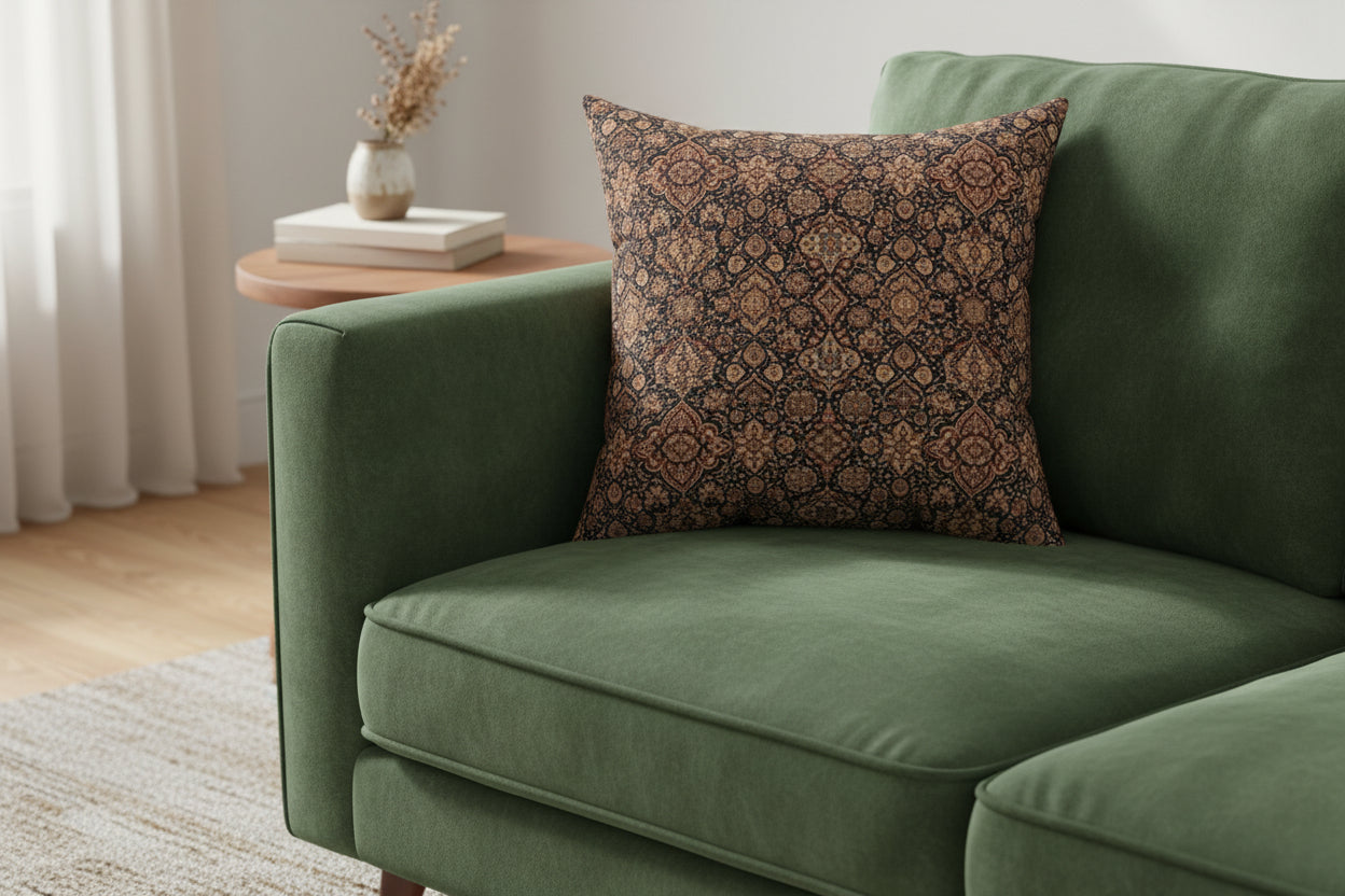 Decorative pillow with a brown and beige pattern on a white background
