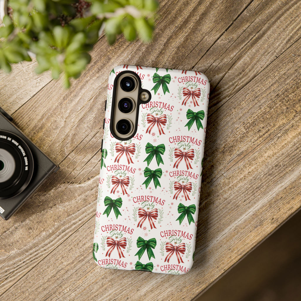 Girly Christmas Coquette Bows Pastel Phone Case for iPhone 17 16 15 23 Samsung, and Pixel | Stylish Protective Cover Gift for Her Perfect for Floral Lover