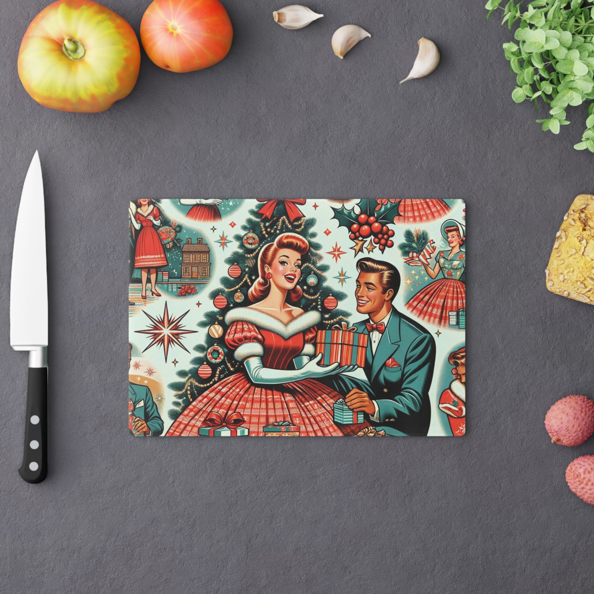 Vintage Charm Glass Cutting Board Retro 50s Starburst Kitsch Art Design Tempered Glass Cutting Board Durable Kitchen Decor with Elegant Design, Housewarming, New House Gift - MRSBYVALLE