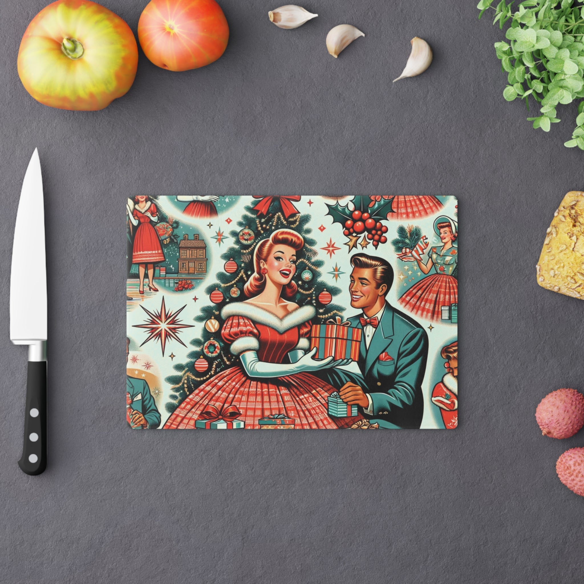 Vintage Charm Glass Cutting Board Retro 50s Starburst Kitsch Art Design Tempered Glass Cutting Board Durable Kitchen Decor with Elegant Design, Housewarming, New House Gift - MRSBYVALLE