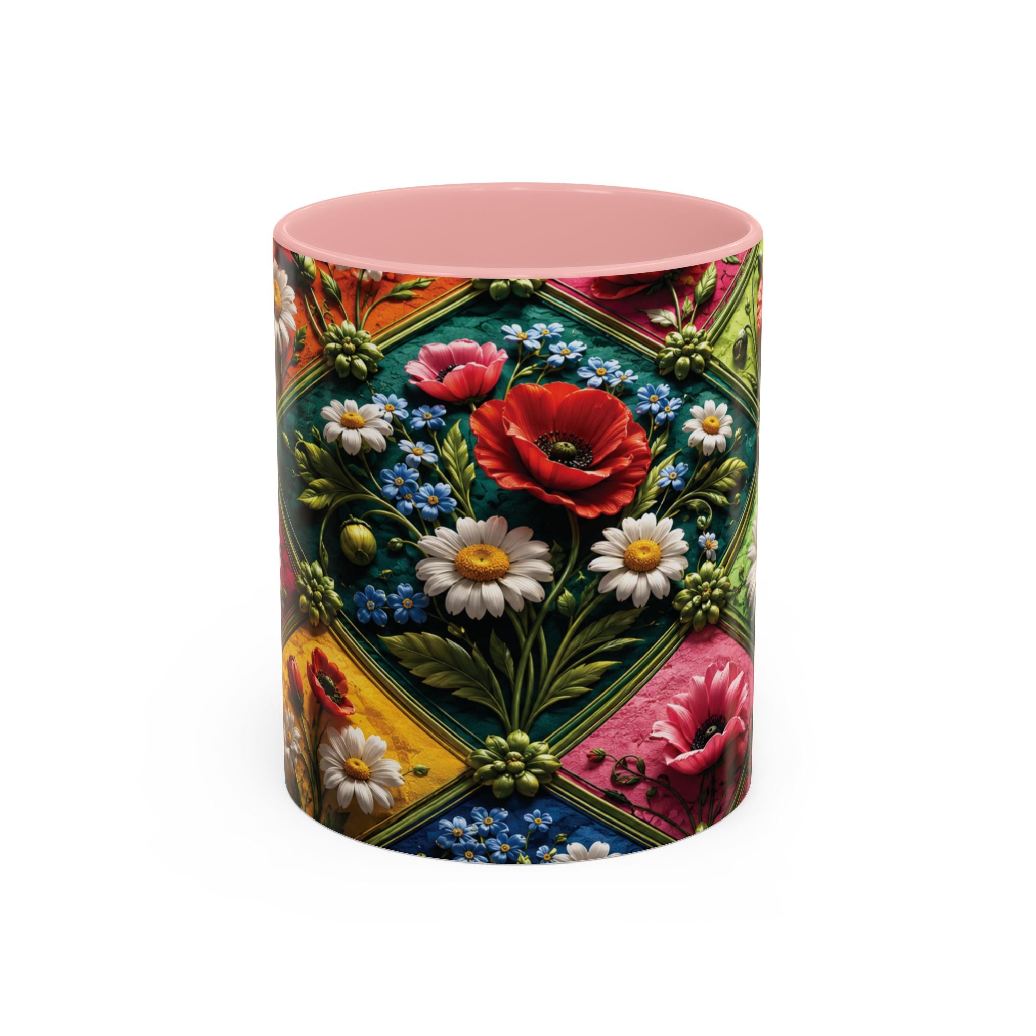 Floral Patchwork Accent Coffee Mug — Colorful Poppies & Daisies (11/15oz) 3D Illusion