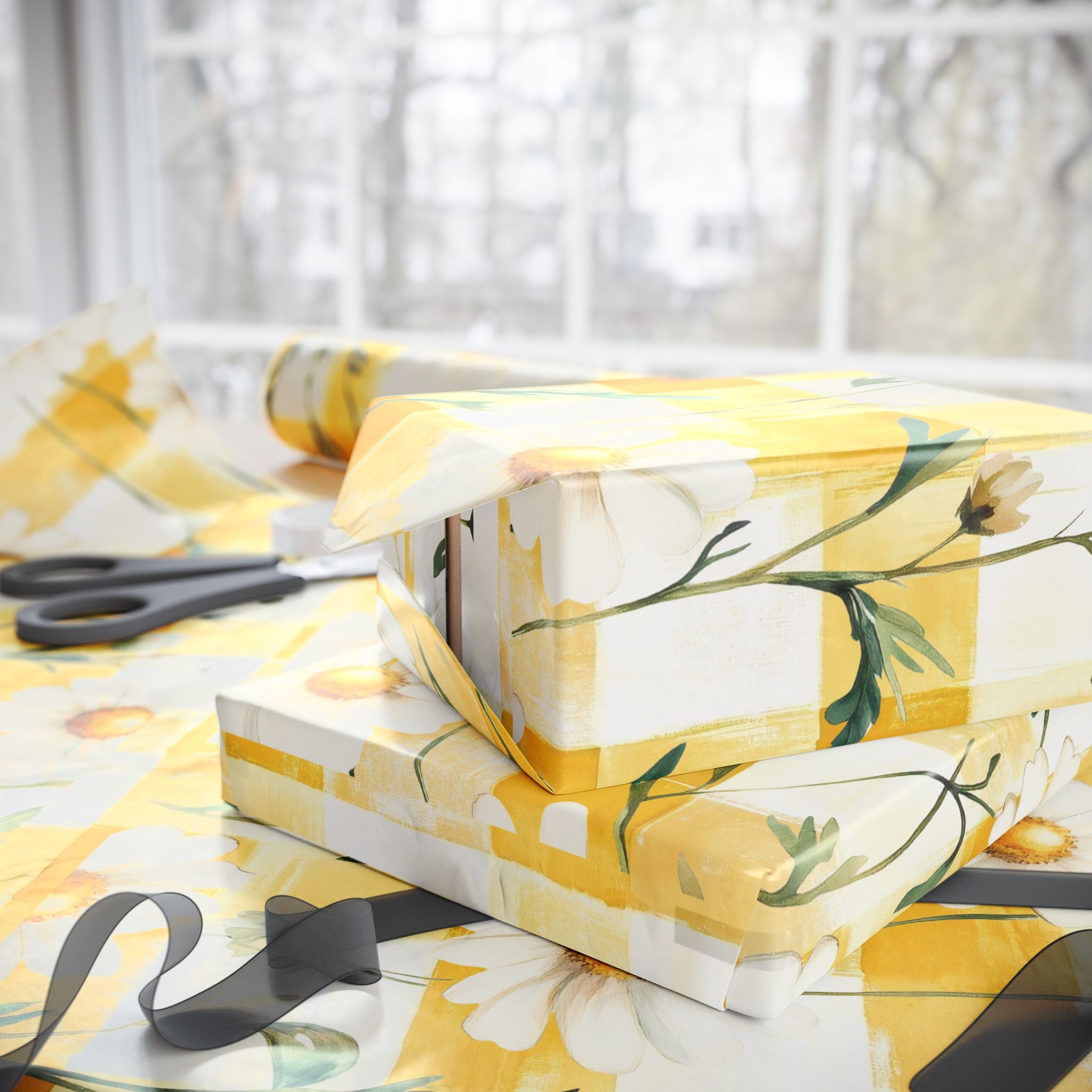 Papier Cadeau Jaune Pastel à Carreaux Marguerite — Papier Cadeau Floral Printanier