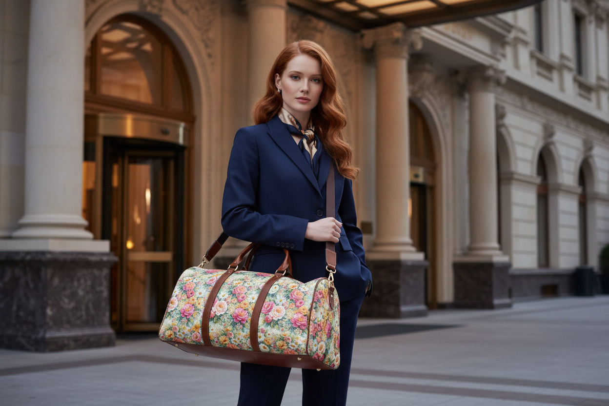 Woman holding a floral travel bag with brown handles and strap on a white background