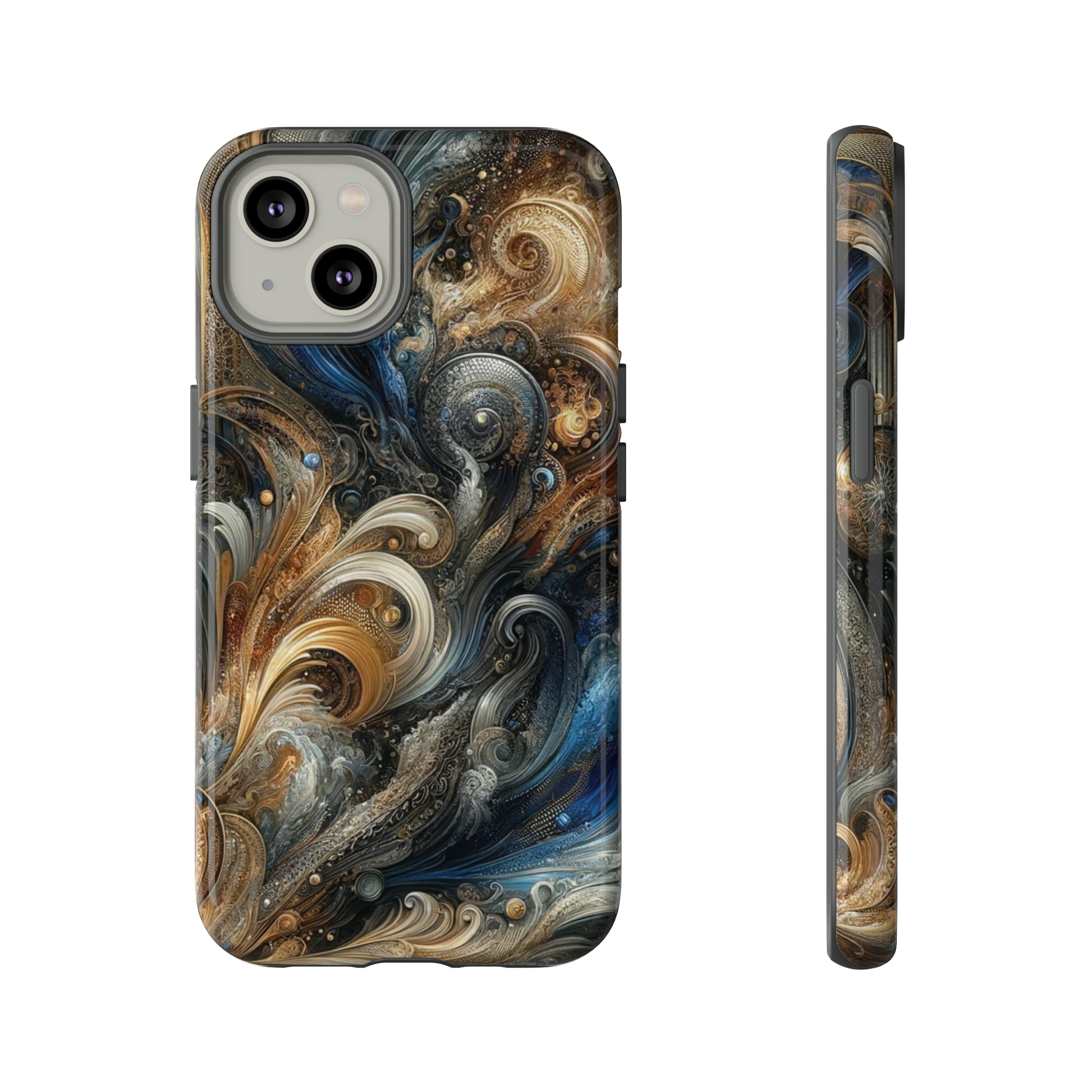 Gold and Navy Art Design Luxury Phone Tough Case Floral Elegant Durable Stylish for Modern Devices iPhone 15, Samsung iPhone Samsung Accessory Gift for Her.