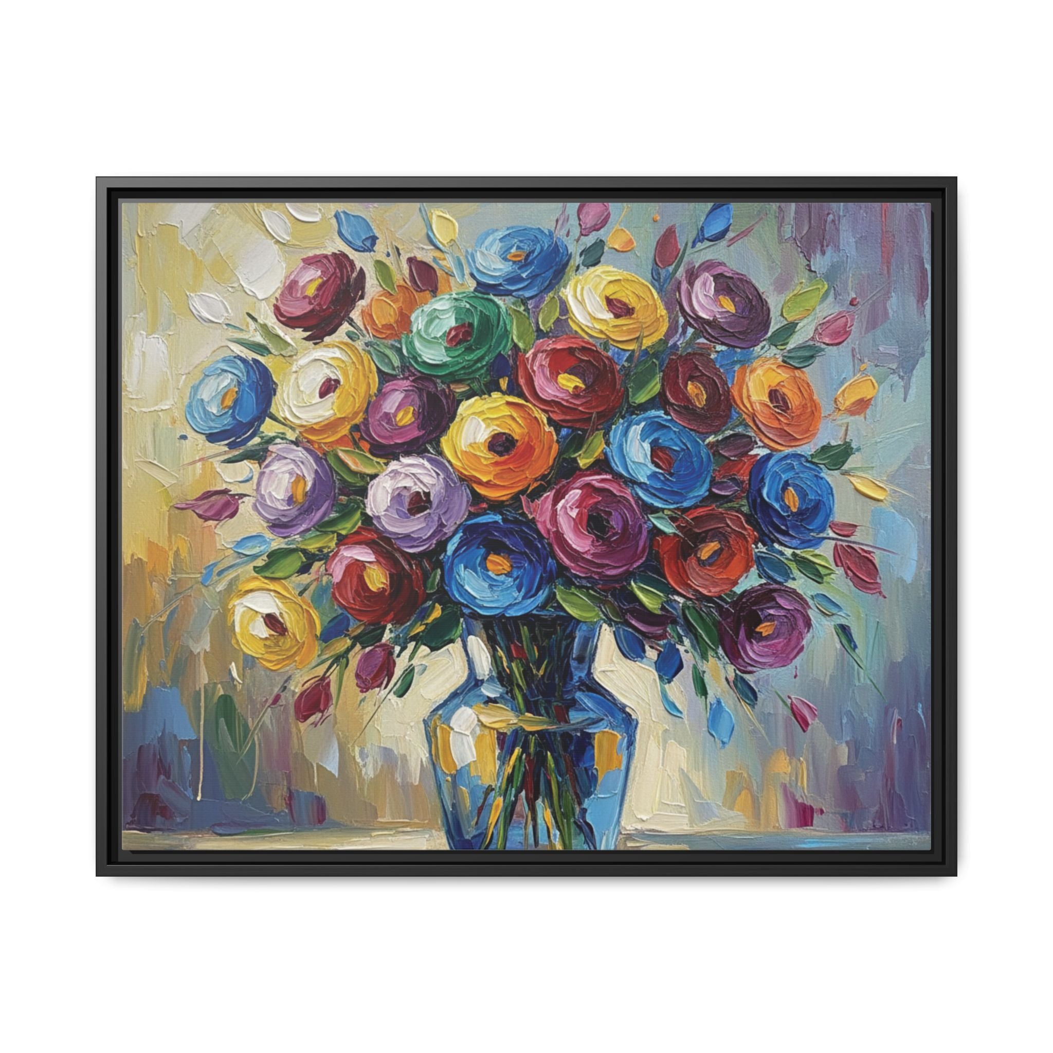 Impression sur toile bouquet floral aquarelle - Tableau mural encadré mat - Illusion de peinture à l'huile vibrante