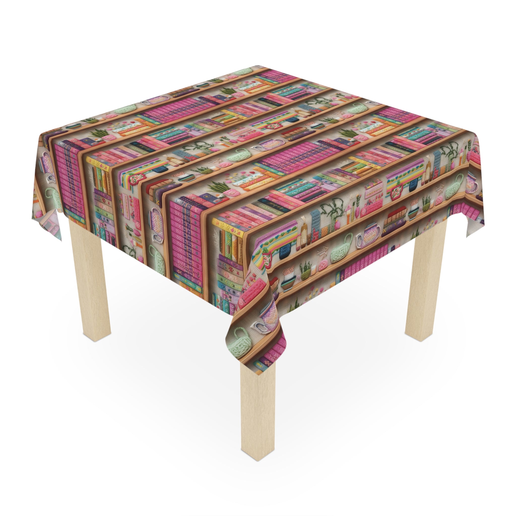 Enchanting 3D Embroidery Illusion Books on Pastel Shelves Tablecloth Ideal Decor for Literary Enthusiasts (55.1"x55.1") | 100% Polyester | Soft & Lightweight | Unique Holiday Table Deco Perfect Gift for Housewarming, Parties,  all Events and Occasions - MRSBYVALLE