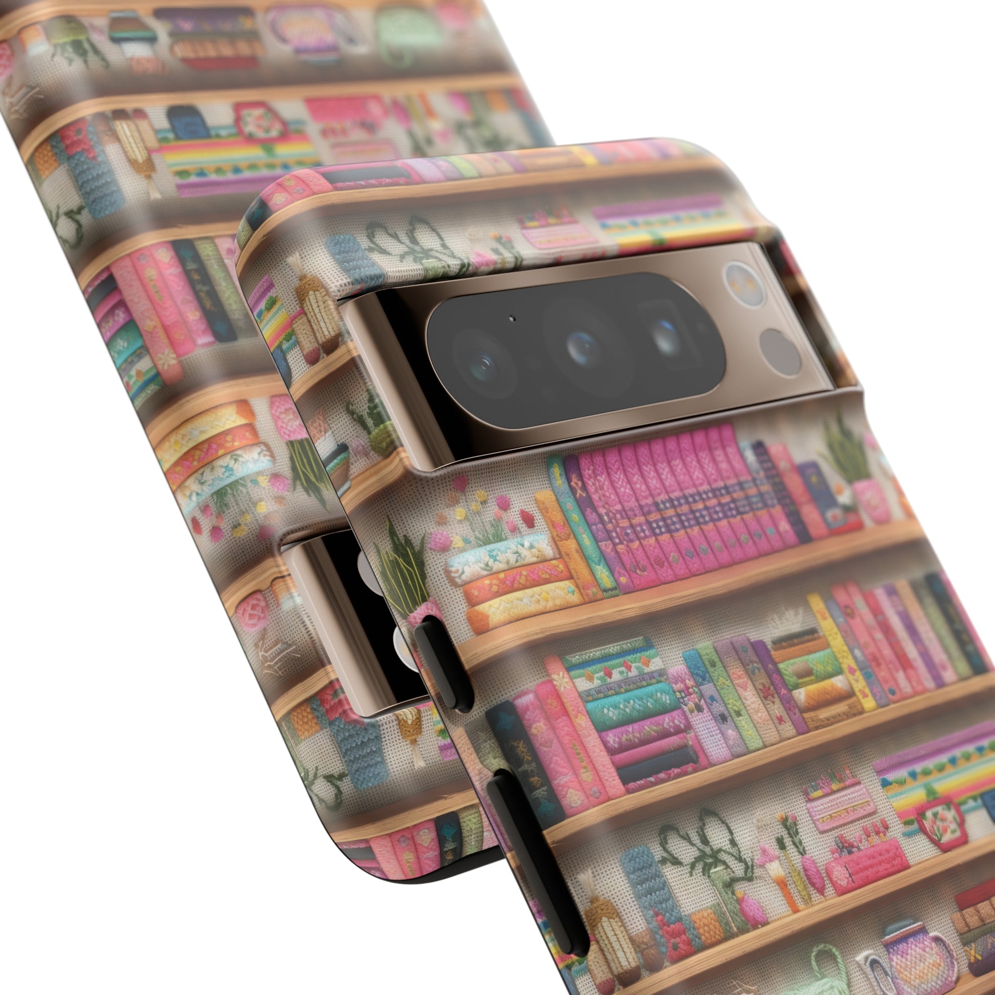 Phone Case 3D Illusion Books & Shelf Embroidery Design with Vibrant Colors Gift for Her Phone 15, Samsung iPhone Samsung Gift for Her Case iPhone 15, Samsung iPhone Samsung Accessory Gift for Her.