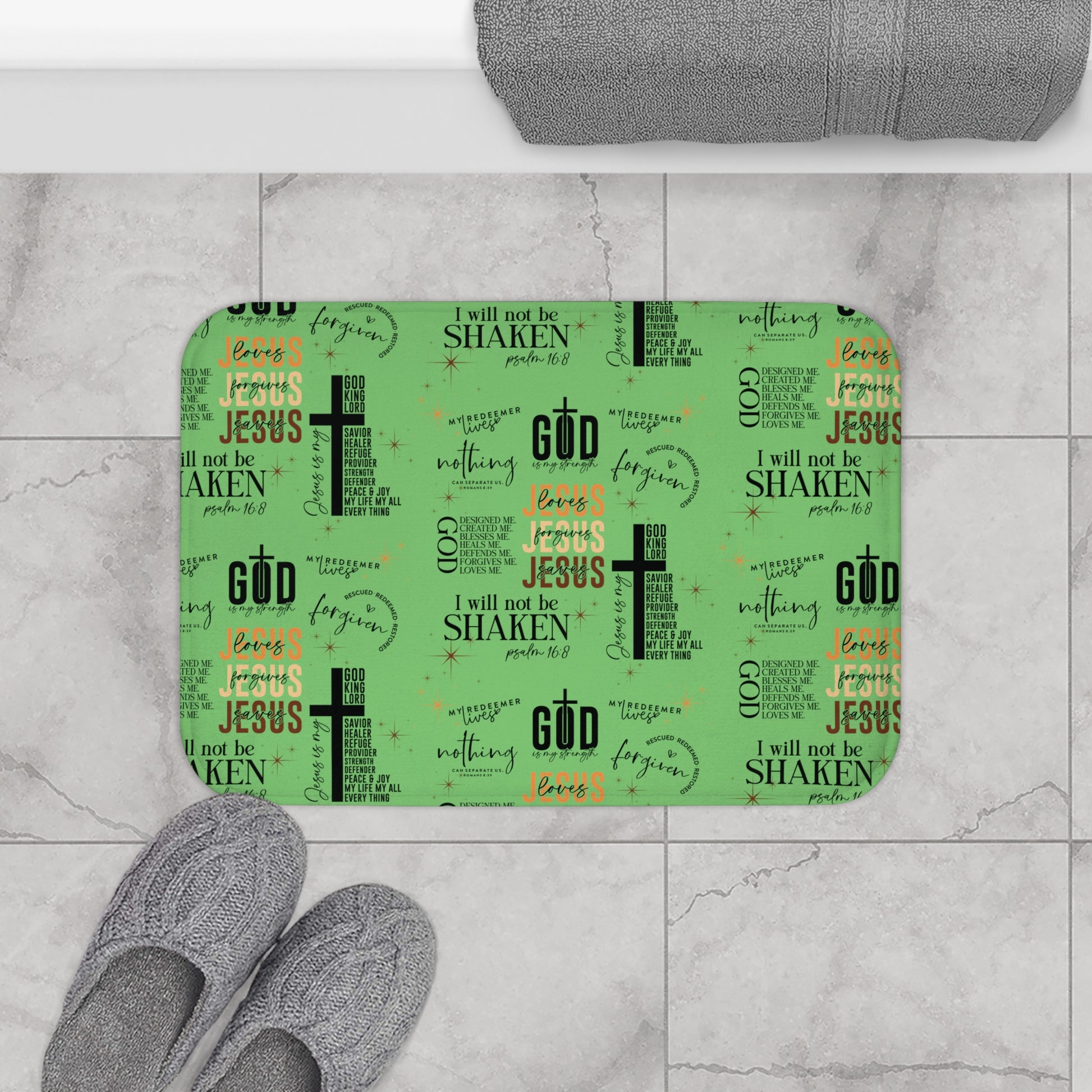 Christian Bath Mat with All-Over Jesus Quotes & Bible Verses – Non-Slip, Absorbent, Machine Washable, Soft Memory Foam, Faith Decor for Home Bathrooms Comfort Home