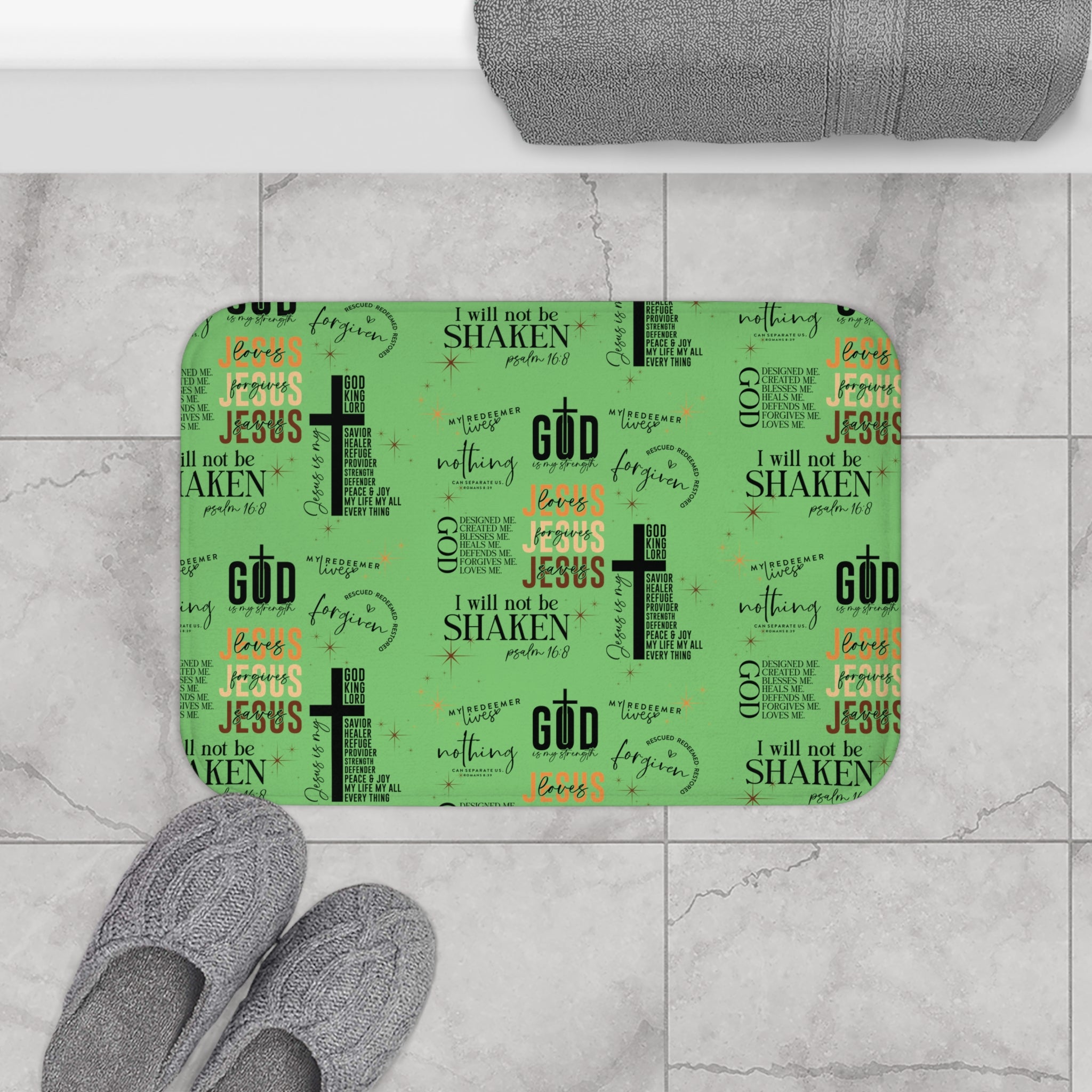 Christian Bath Mat with All-Over Jesus Quotes & Bible Verses – Non-Slip, Absorbent, Machine Washable, Soft Memory Foam, Faith Decor for Home Bathrooms Comfort Home