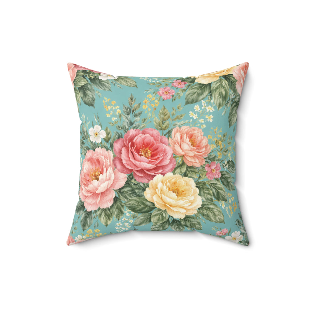 Floral Lagoon Roses Throw Pillow — Decorative Square Accent Cushion for Home & Office