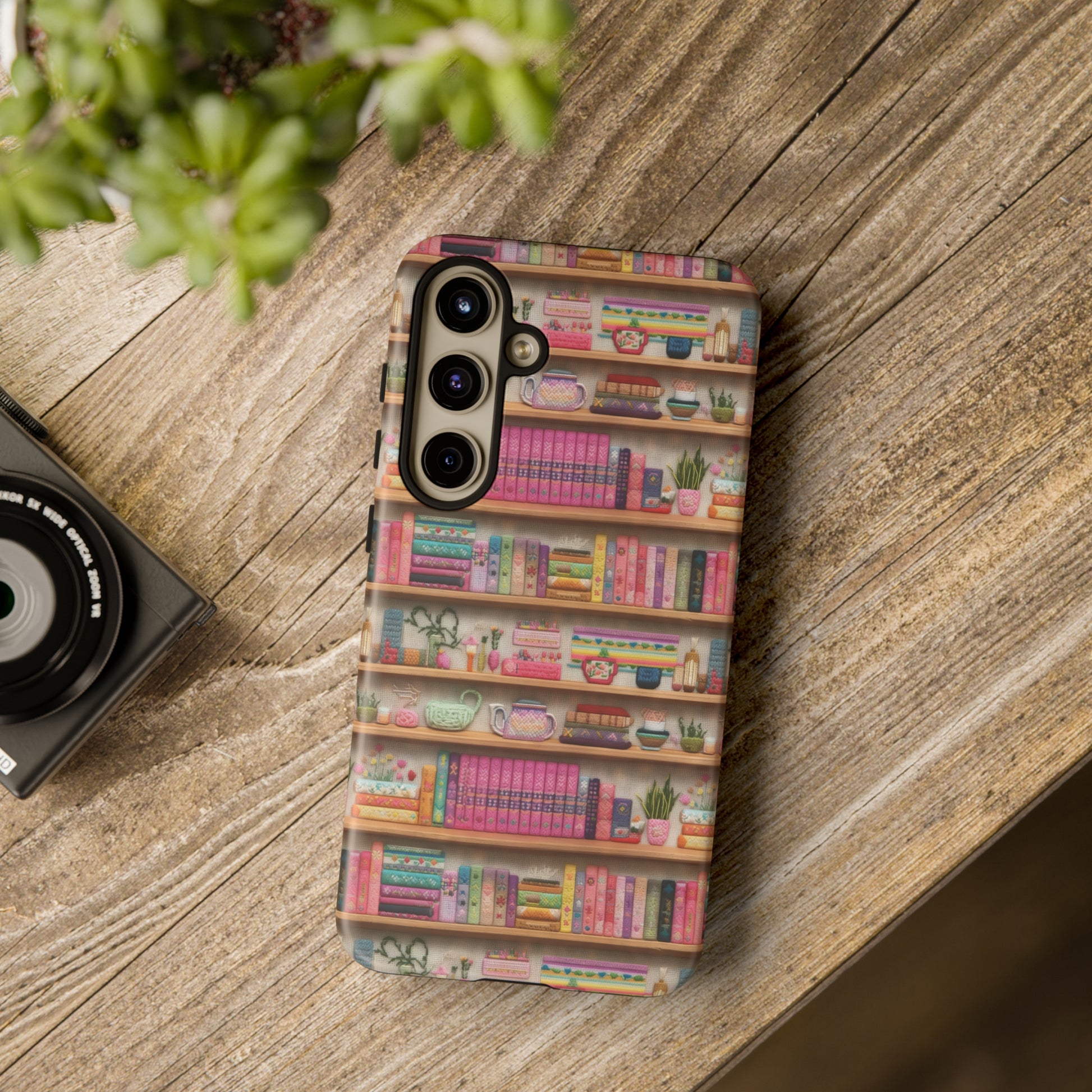 Phone Case 3D Illusion Books & Shelf Embroidery Design with Vibrant Colors Gift for Her Phone 15, Samsung iPhone Samsung Gift for Her Case iPhone 15, Samsung iPhone Samsung Accessory Gift for Her.