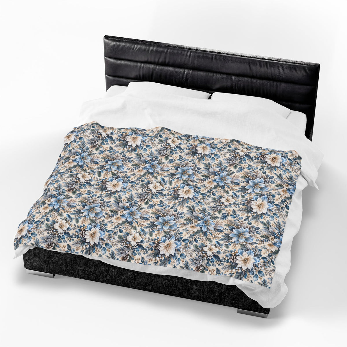 Icy Blue Floral Velveteen Plush Throw Blanket